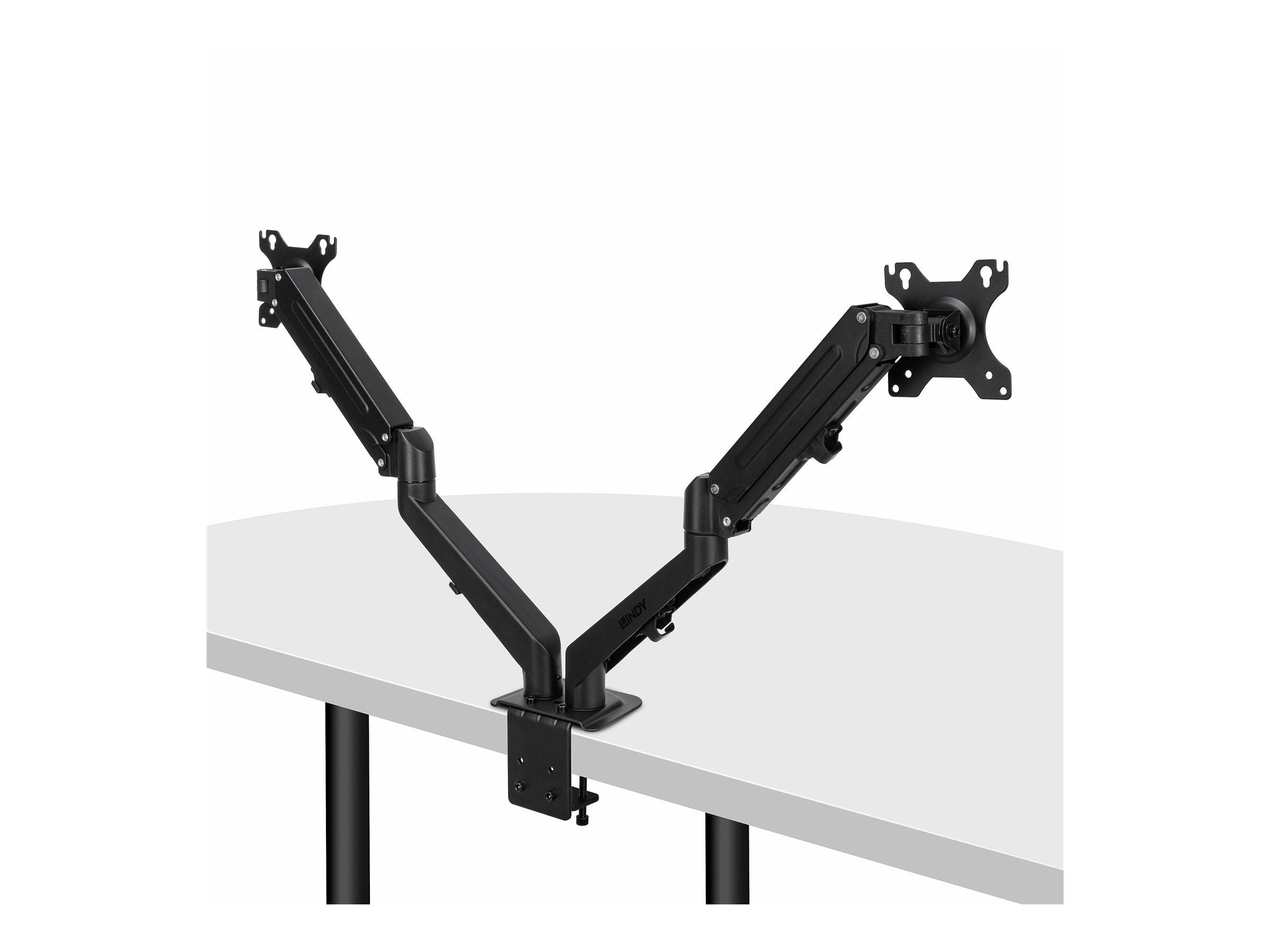Ein Dual-Monitor-Armständer hält zwei Bildschirme über einem Schreibtisch und zeigt verstellbare Gelenke und eine Tischklemme für flexible Positionierung.