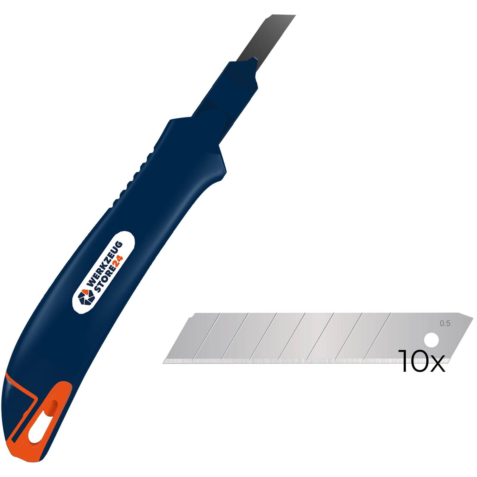 Blauer Utility-Messer mit einziehbarer Klinge und orangefarbener Taste neben einem Klingenpack mit der Beschriftung „10x