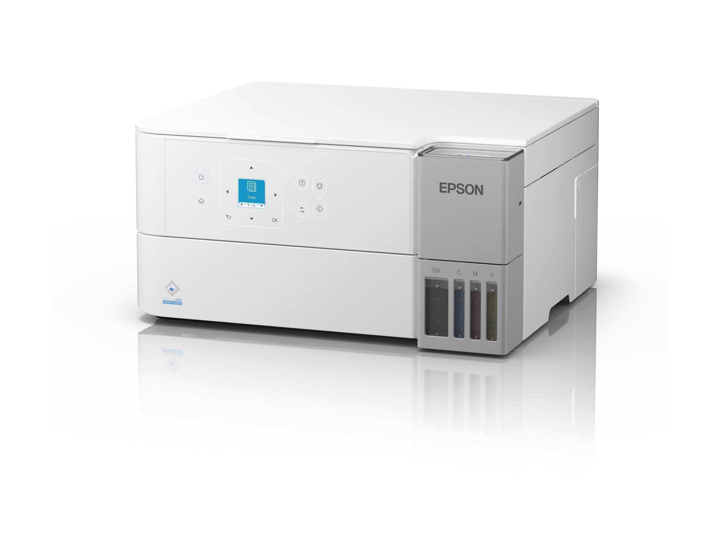 Epson-Drucker mit Bedienfeld, Tanksystem für Cyan, Magenta, Gelb und Schwarz sowie einem kompakten weißen Design.