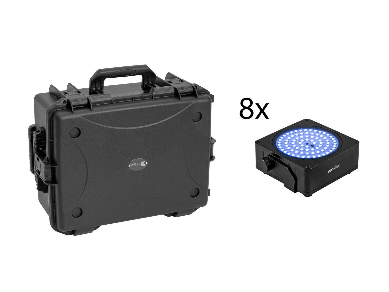 EUROLITE Set 8x AKKU IP Flat Light SMD sw + Kunststoffcase mit Trolley