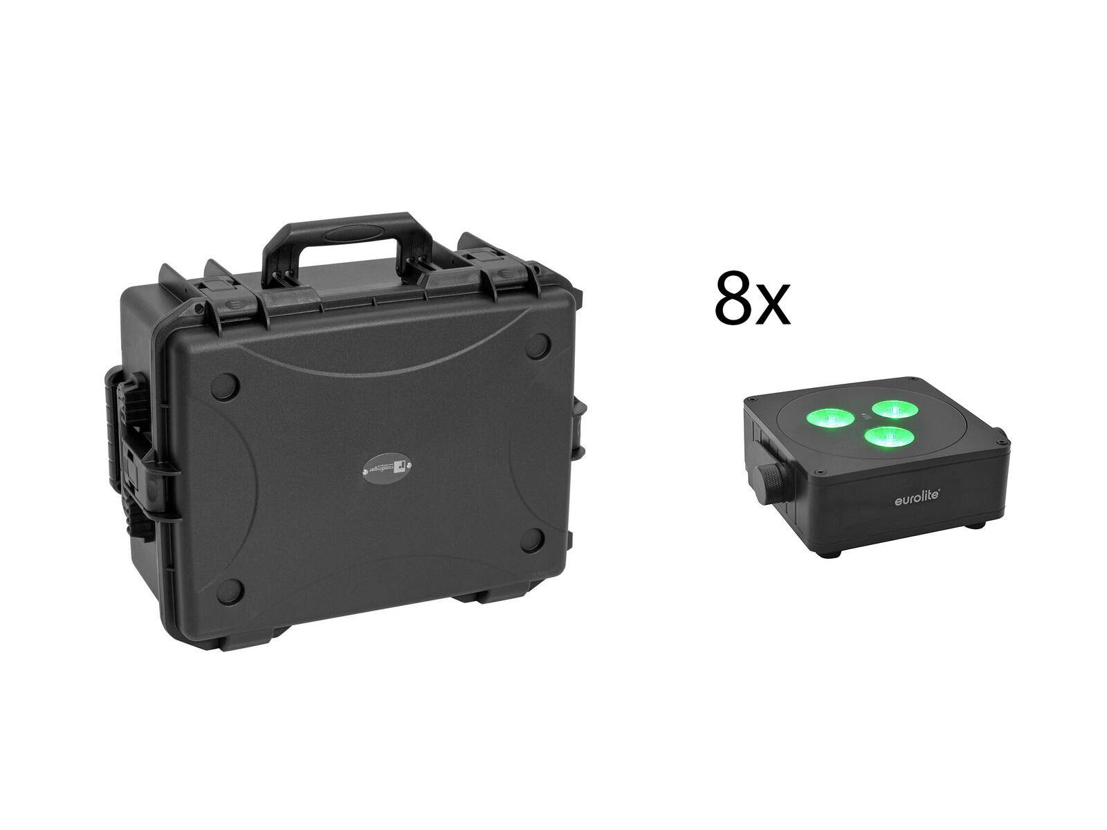 EUROLITE Set 8x AKKU IP Flat Light 3 sw + Kunststoffcase mit Trolley