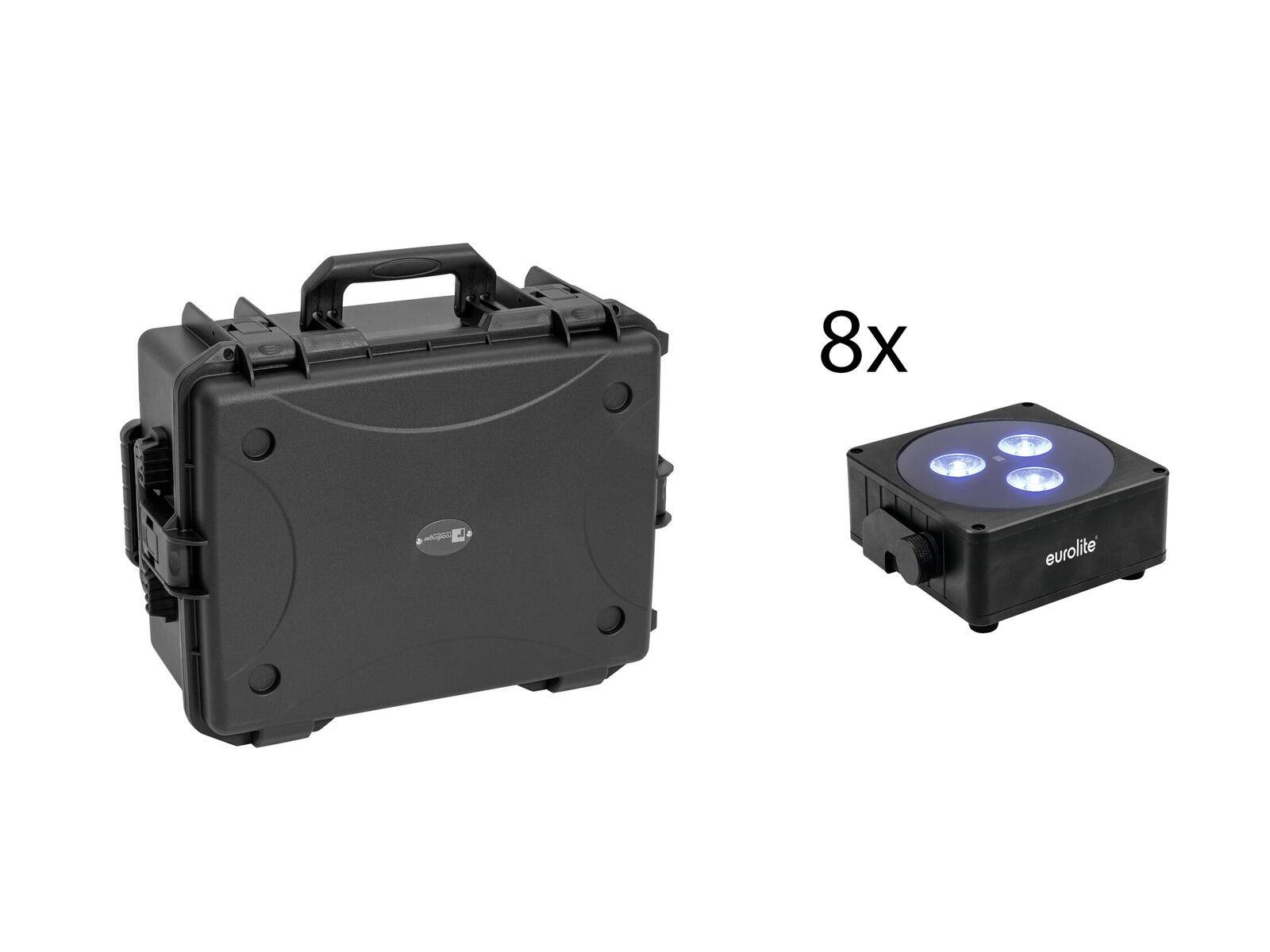 EUROLITE Set 8x AKKU Flat Light 3 sw + Kunststoffcase mit Trolley