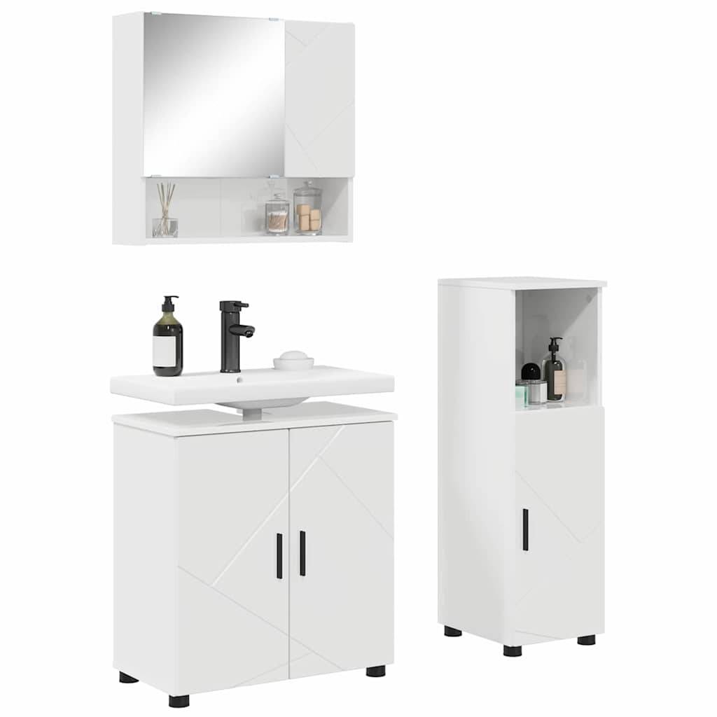 Badezimmermöbel-Set bestehend aus einem Spiegelschrank, Waschbecken mit zweifach-Türenschrank und einem hohen Aufbewahrungsschrank, alles in modernem Weiß-Design.