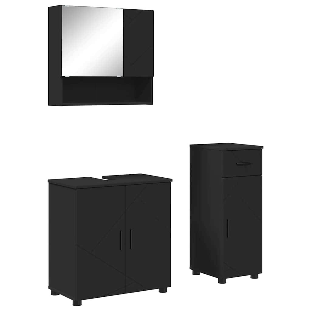 Schwarzes Badmöbel-Set mit einem Spiegelschrank, einem zweitürigen Waschbeckenunterschrank und einem Aufbewahrungsschrank mit einer Schublade, alle in modernem Design.