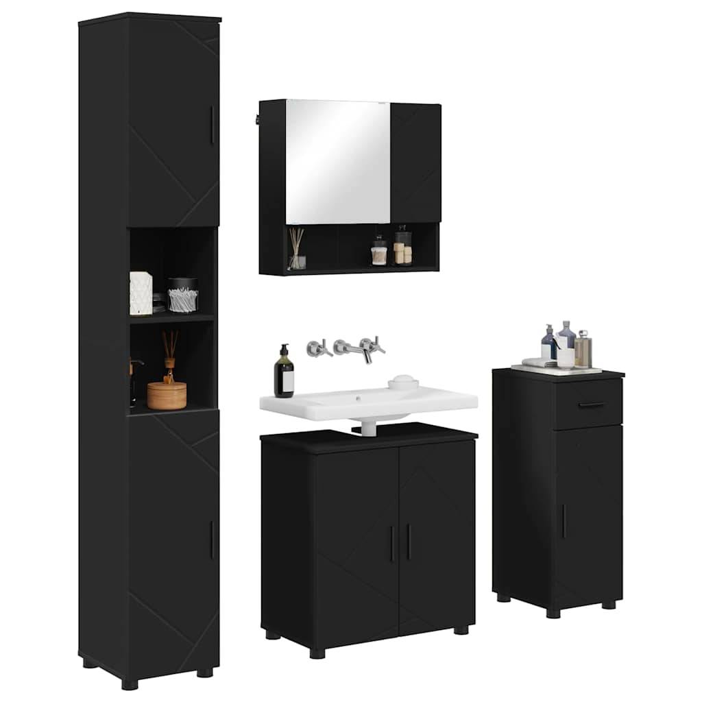 Badmöbel-Set umfasst einen hohen Schrank, Spiegelschrank, Waschbecken mit Waschtisch und einen kleineren Schrank, alles in Schwarz.