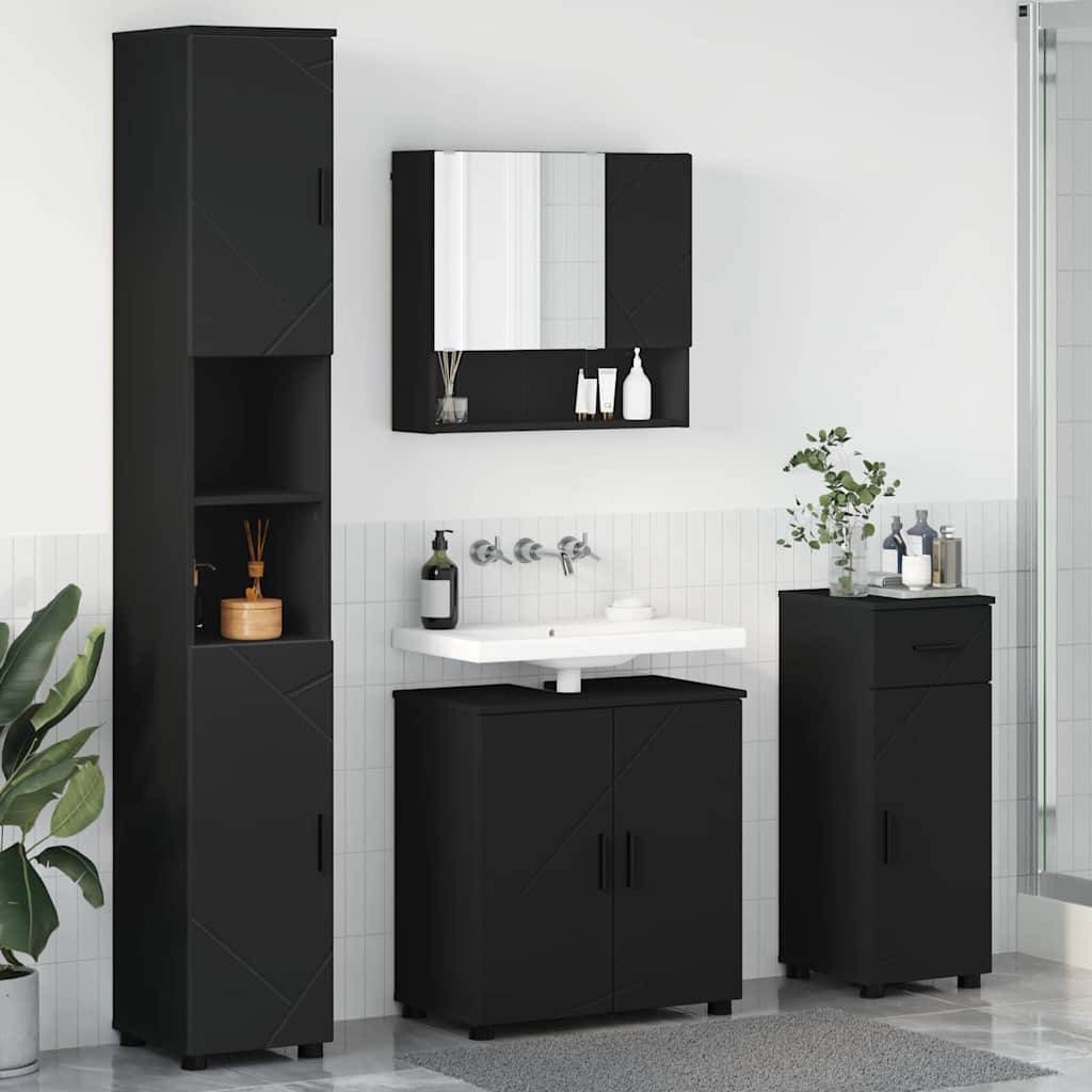 Ein modernes Badezimmer verfügt über einen schwarzen Schrankensatz: einen hohen Aufbewahrungsschrank, einen Spiegelschrank an der Wand und einen Waschbecken mit Unterschrank. Eine Pflanze sorgt für etwas Grün.