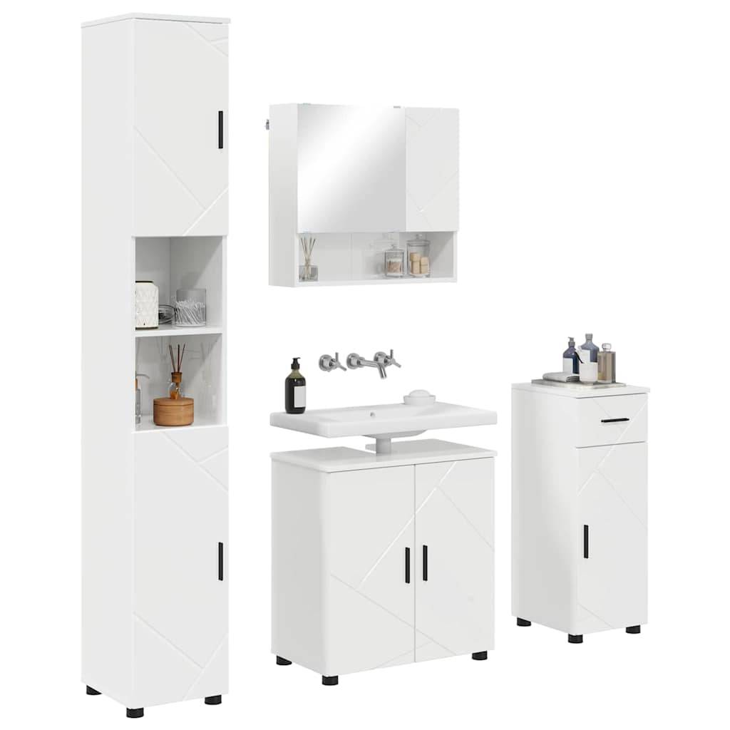 Weißes Badmöbel-Set mit vertikalem Schrank, Spiegelschrank, wandmontiertem Waschbecken und Aufbewahrungsschrank mit Toilettenartikeln.