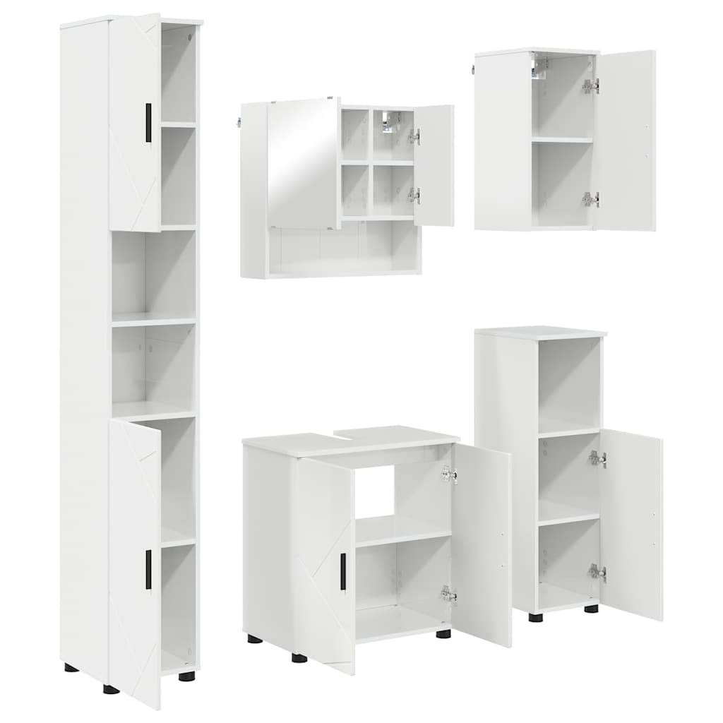 Weißes modulares Schrankset bestehend aus einem hohen Schrank, einem wandhängenden Schrank mit Spiegeltüren sowie zwei Standschränken, alle mit geöffneten Türen und sichtbaren Einlegeböden.