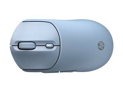 Eine hellblaue HP kabellose Computermaus mit Scrollrad und zwei Tasten, von oben betrachtet.