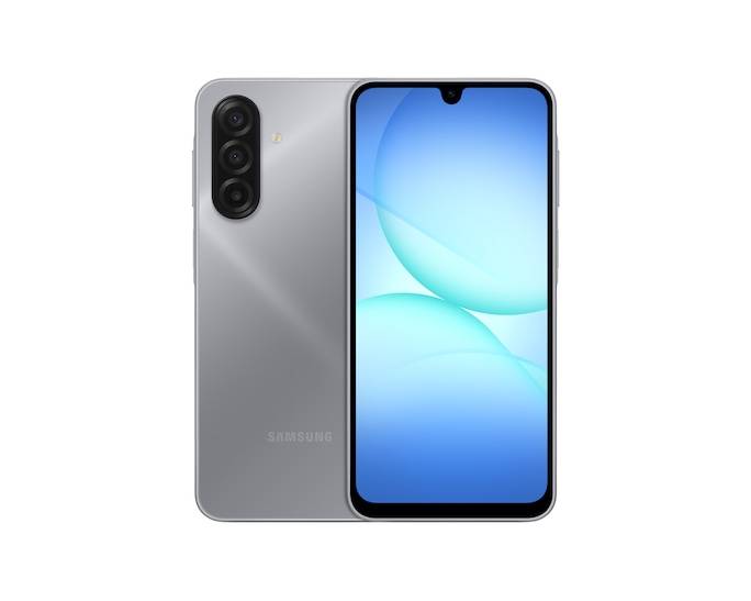 Vorder- und Rückansicht eines silbernen Samsung-Smartphones mit dreifacher Rückfahrtkamera und blauem Bildschirm auf weißem Hintergrund.