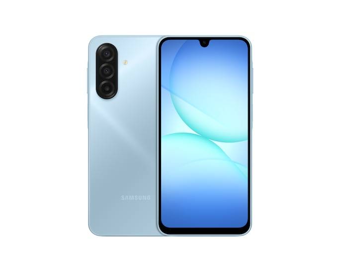 Vorder- und Rückansicht eines hellblauen Samsung-Smartphones mit dreifacher Rückkamera und Display mit Wassertropfen-Notch.