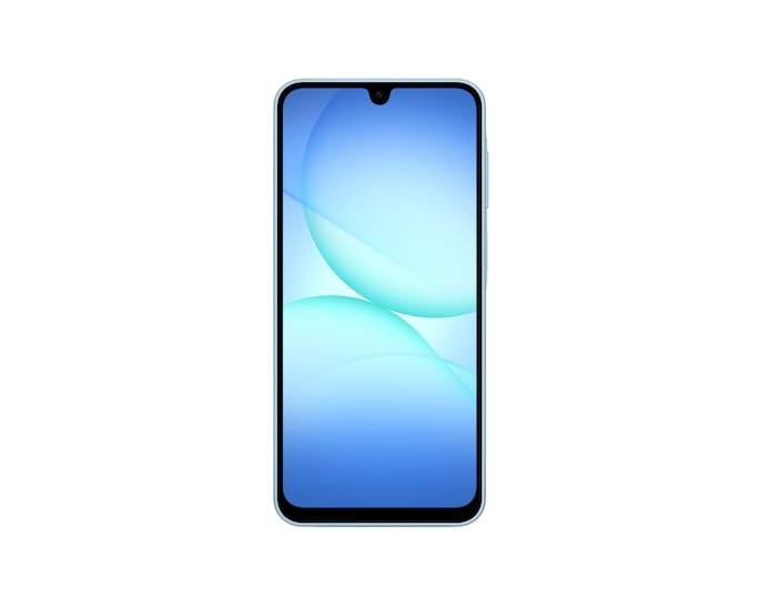 Frontansicht eines Smartphones mit einem blauen abstrakten Hintergrundbild und einer zentrierten Kerbe auf weißem Hintergrund.