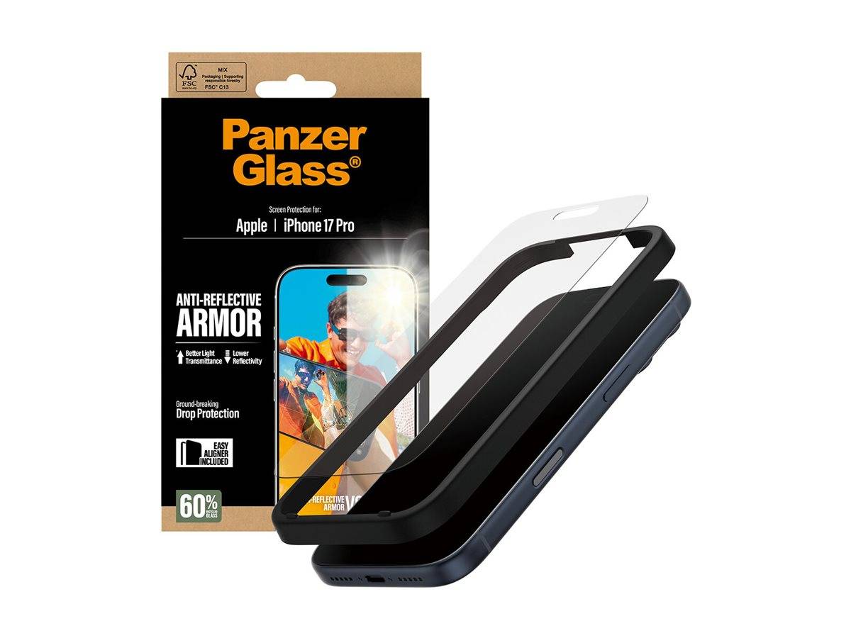 Panzerglas Anti-Reflexions-Panzerglasschutzfolie für iPhone 17 Pro. Merkmale umfassen Reflexionsminderung, Touchempfindlichkeit, einfache Installation und Fallschutz. Verpackung links, Handy in Winkel mit aufgebrachter Schutzfolie rechts.