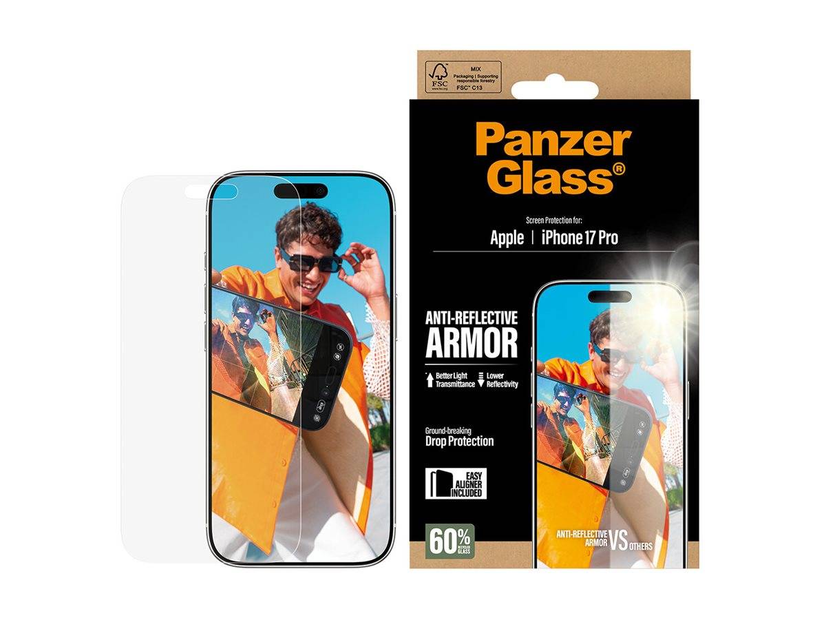 Panzer Glass Displayschutz für Apple iPhone 17 Pro, mit Hervorhebung von 'Anti-Reflektive Rüstung', mit Bild einer Person, die ein Telefon im Freien verwendet.