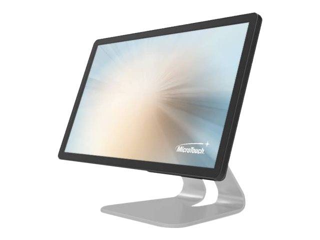 Silberführungs-Touchscreen-Monitor auf geschwungenem Ständer, in einem Winkel gezeigt mit hellem abstraktem Display und MicroTouch-Logo in der unteren rechten Ecke.