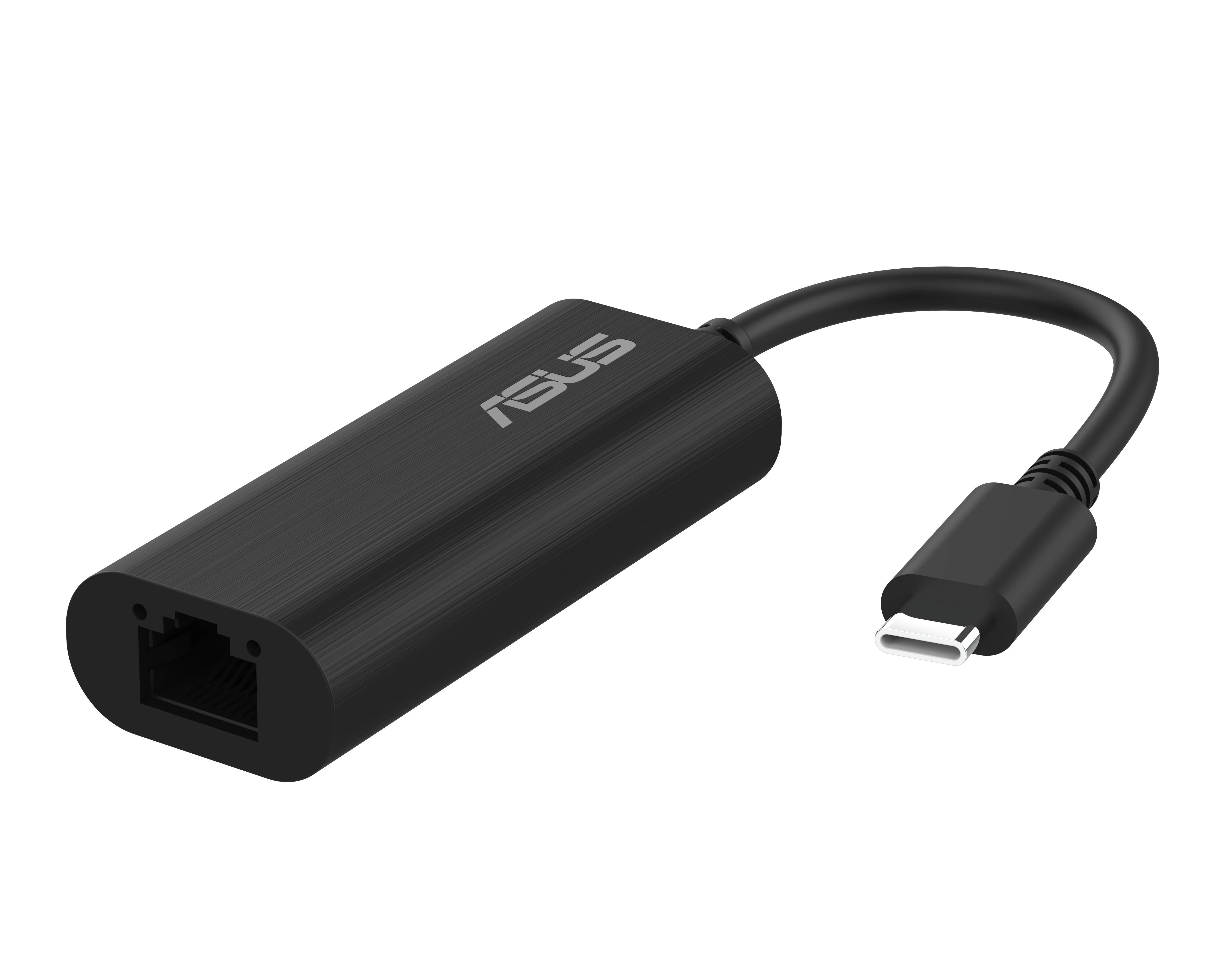 Schwarzer ASUS USB-C zu Ethernet-Adapter mit kurzem Kabel und RJ45-Anschluss auf neutralem Hintergrund