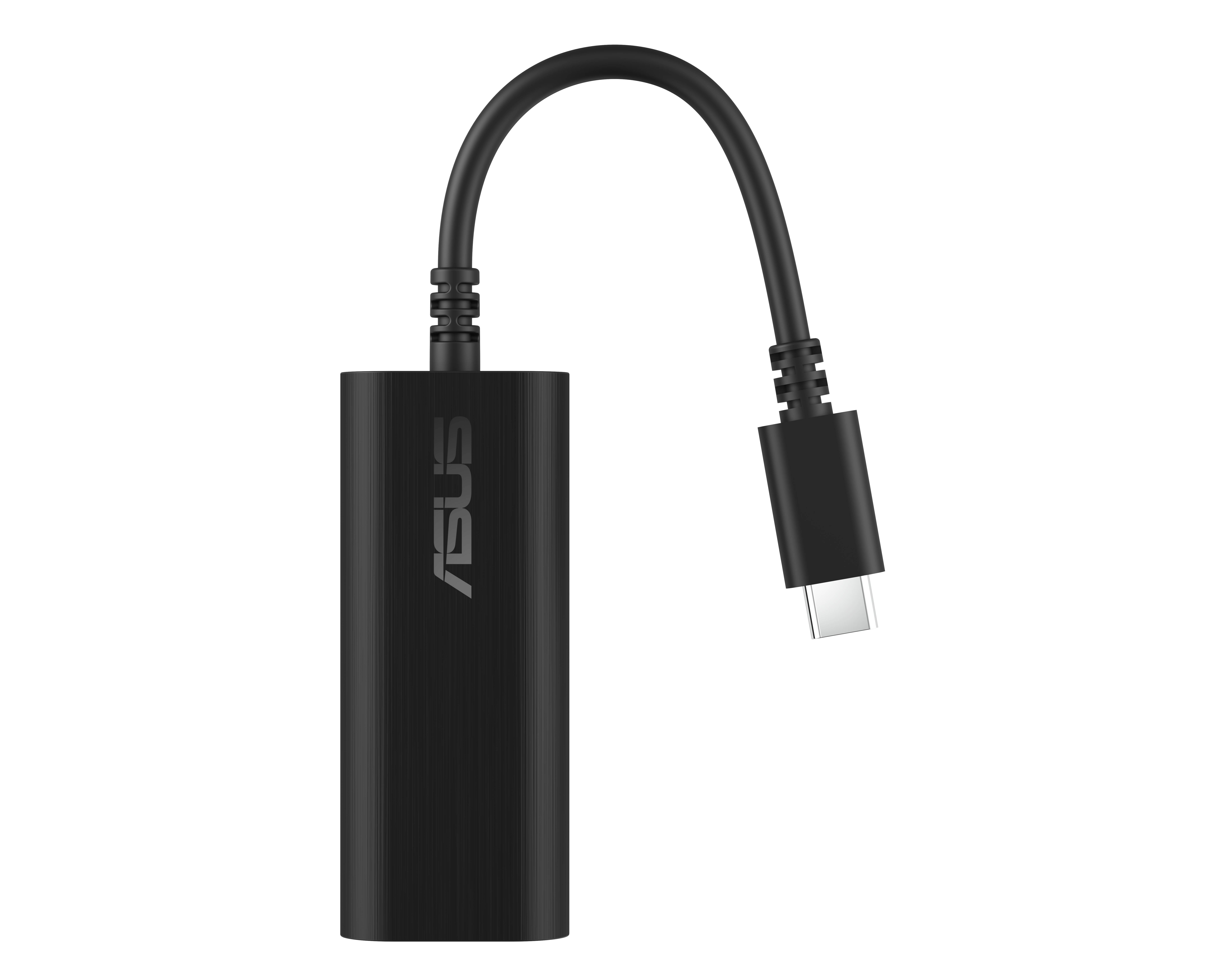 Schwarzer ASUS USB-C-Adapter-Dongle mit kurzem Kabel und USB-C-Stecker auf dunklem Hintergrund.