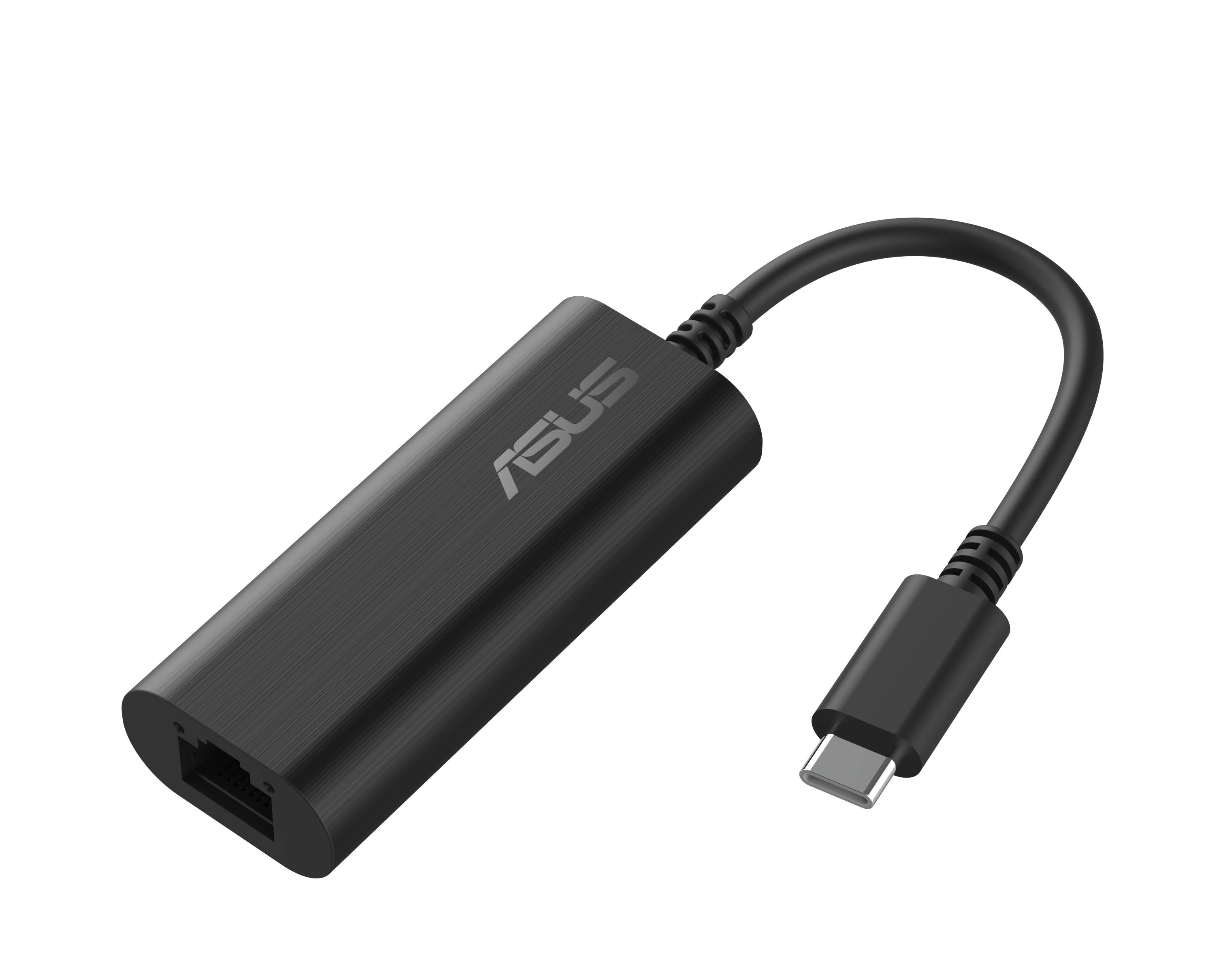 ASUS USB-C-zu-Ethernet-Adapter mit angeschlossenem Kabel und Ethernet-Anschluss, dargestellt auf schwarzem Hintergrund.