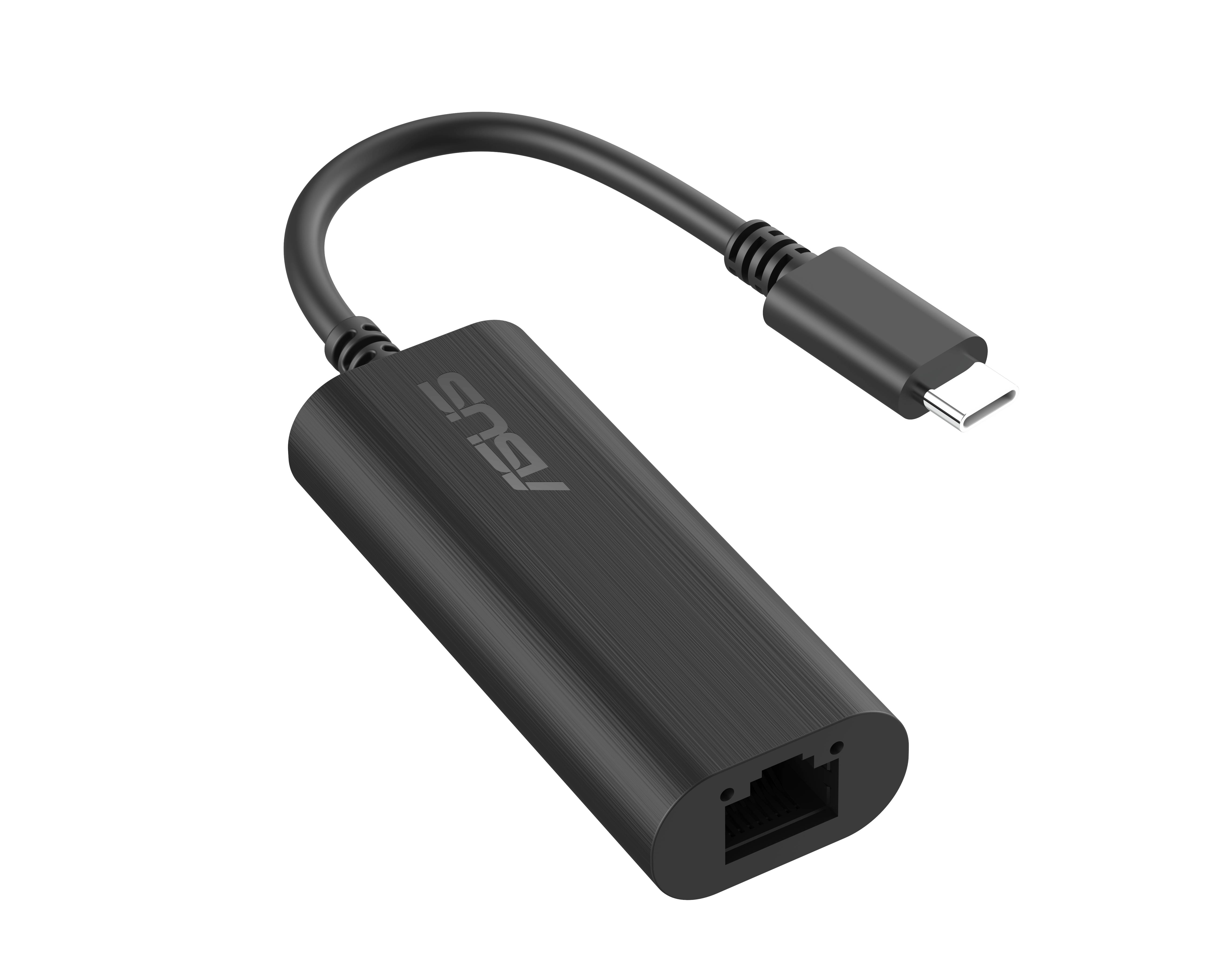 Schwarzer USB-C-zu-Ethernet-Adapter mit kurzem Kabel und RJ45-Anschluss, dargestellt auf schwarzem Hintergrund.