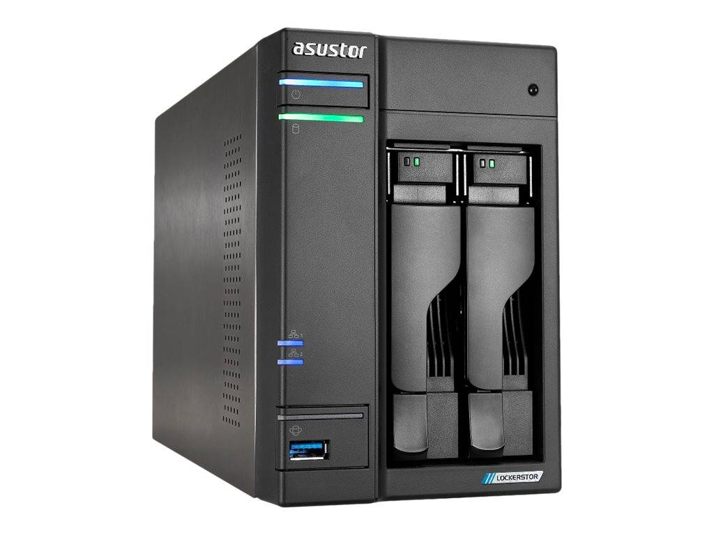 Frontansicht eines Asustor NAS-Speichergeräts mit zwei Laufwerkschächten, Statusleuchten und einem USB-Anschluss an der Vorderseite auf weißem Hintergrund.