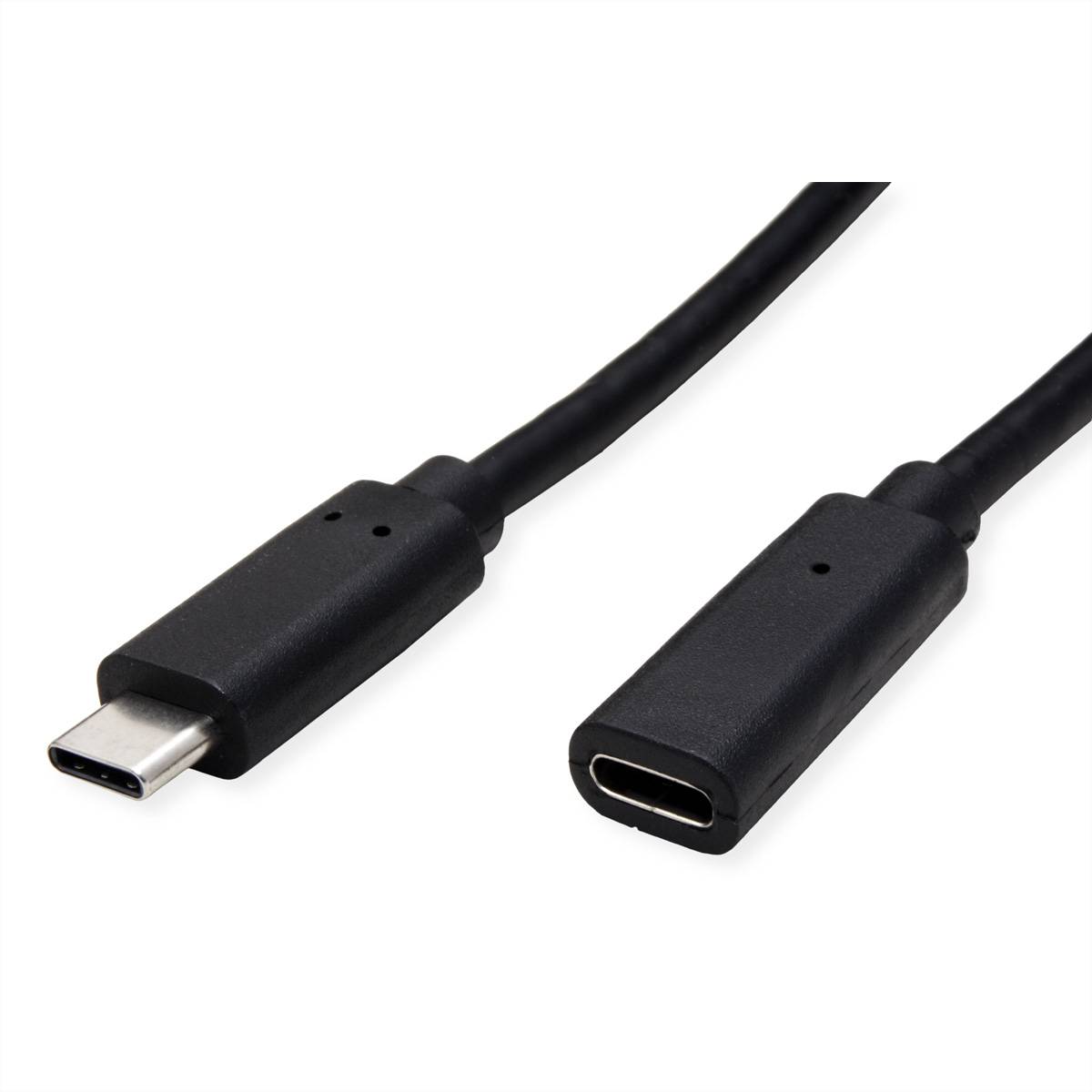Ein schwarzes USB-C-Kabel mit Stecker und Buchse, das zur Datenübertragung oder zum Aufladen von elektronischen Geräten verwendet wird.
