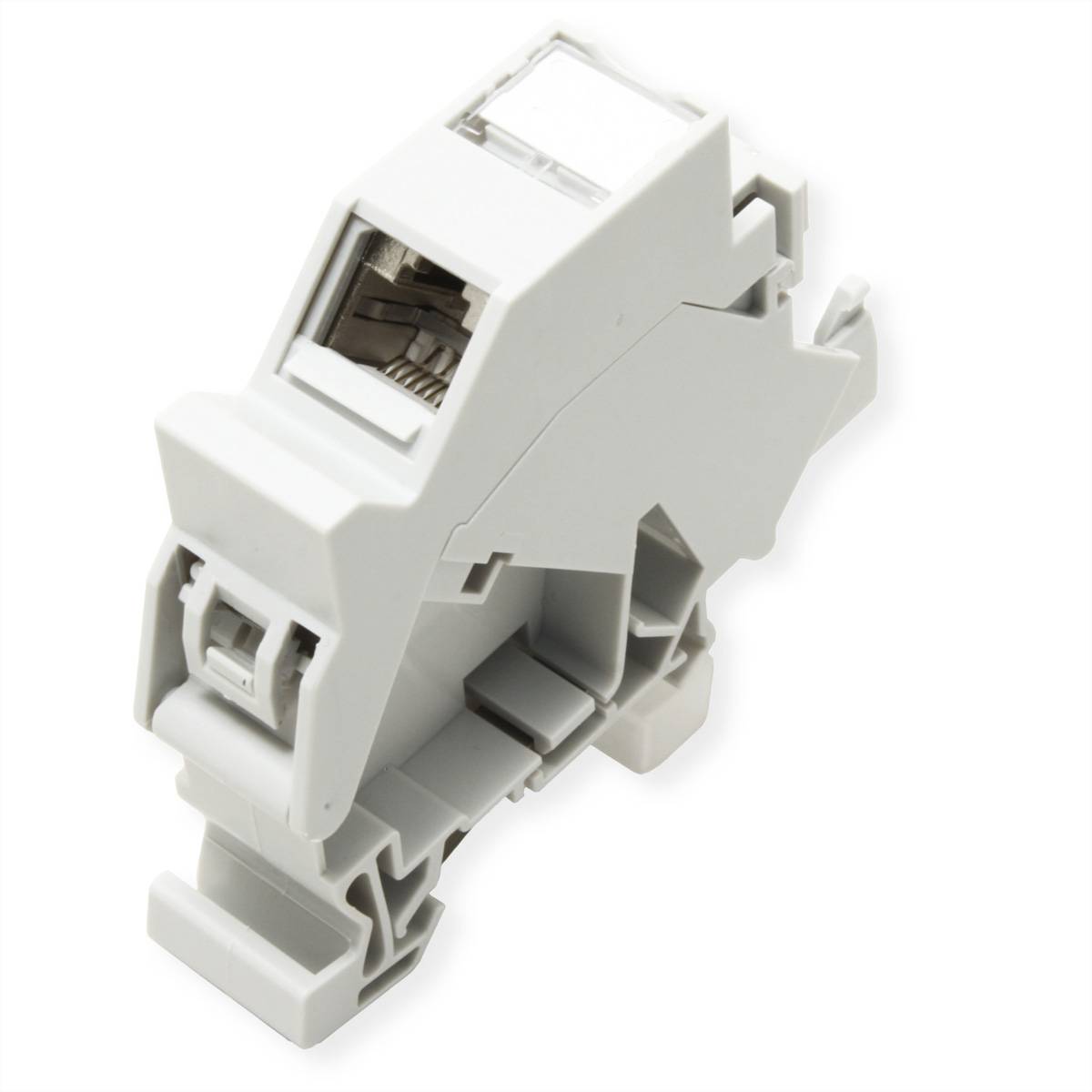 Ein weißes, elektrisches DIN-Schienen-montierbares Netzwerkconnector-Modul, das zum Verbinden von Ethernet-Kabeln in industriellen oder kommerziellen Umgebungen entwickelt wurde.