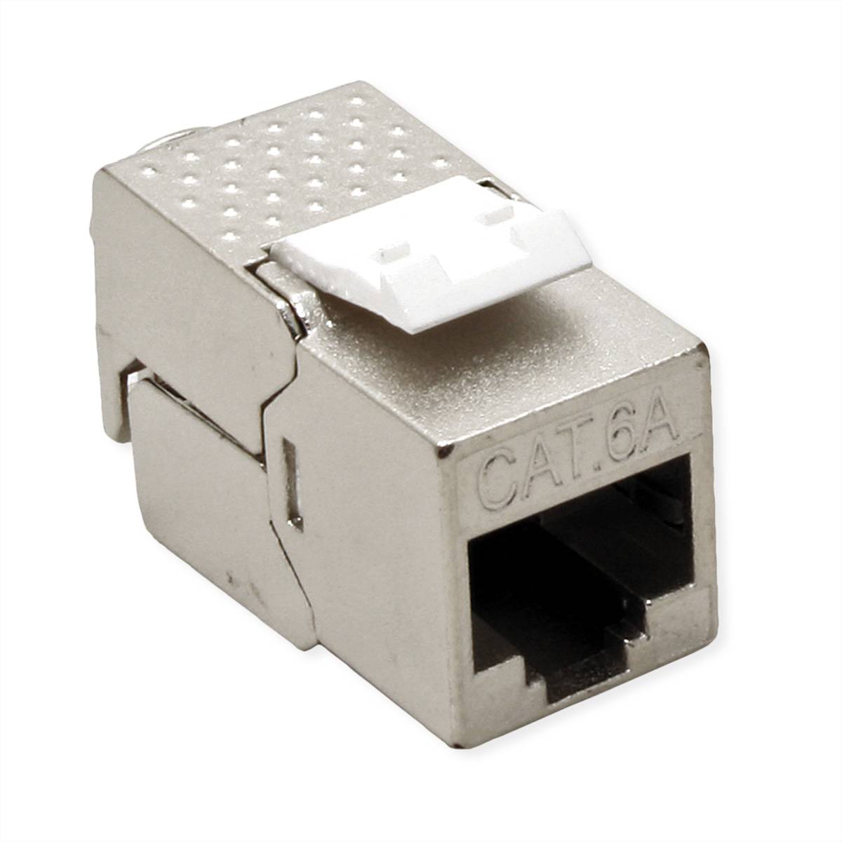 Ein Metall-CAT-6A-Keystone-Stecker, verwendet zum Anschließen von Ethernet-Kabeln in der Netzwerktechnik, von der Seite dargestellt mit sichtbarem Port.