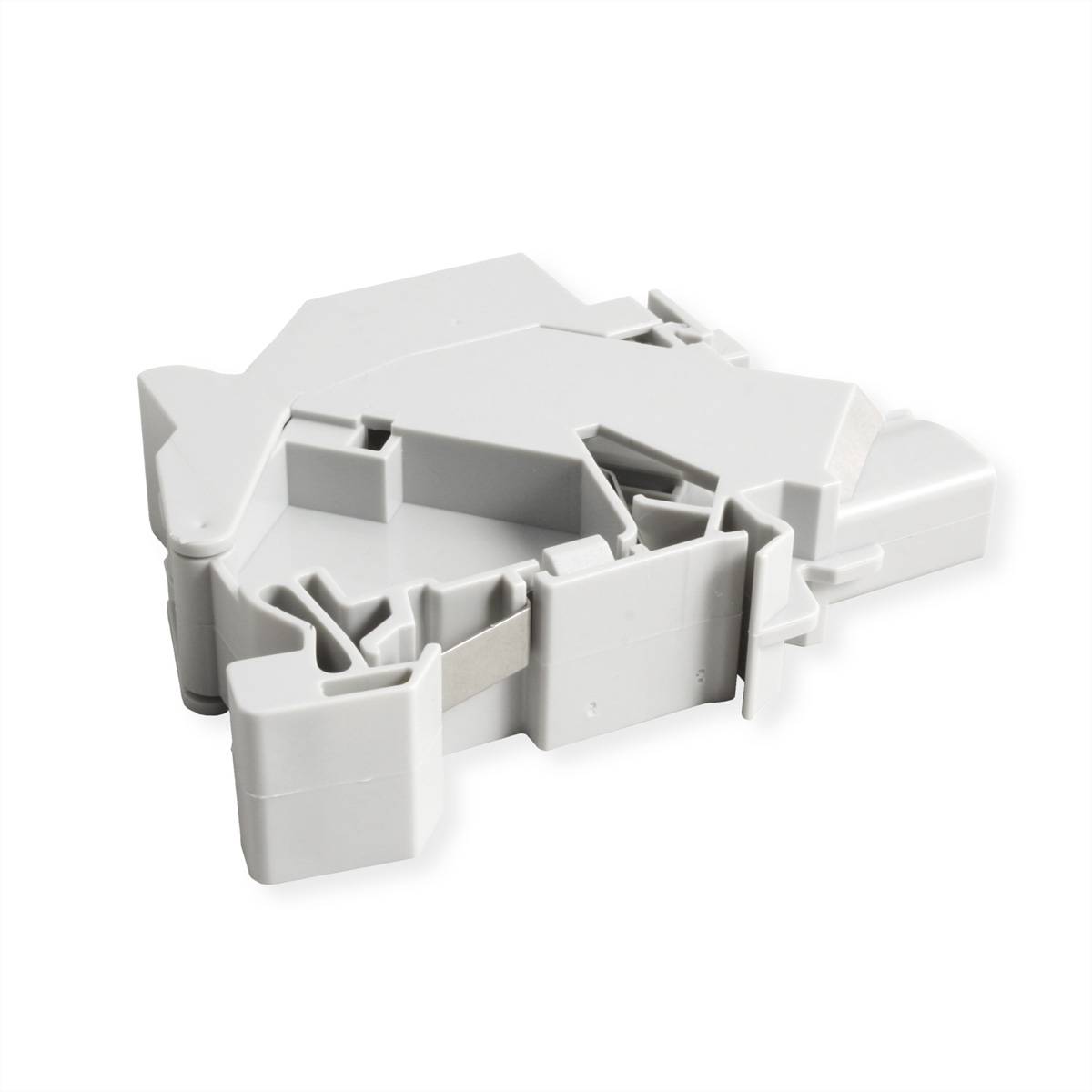 Eine graue dreieckige elektronische Komponente, die einem Stecker ähnelt, mit mehreren Schlitzen und vorstehenden Teilen, aus einer Winkelansicht betrachtet.