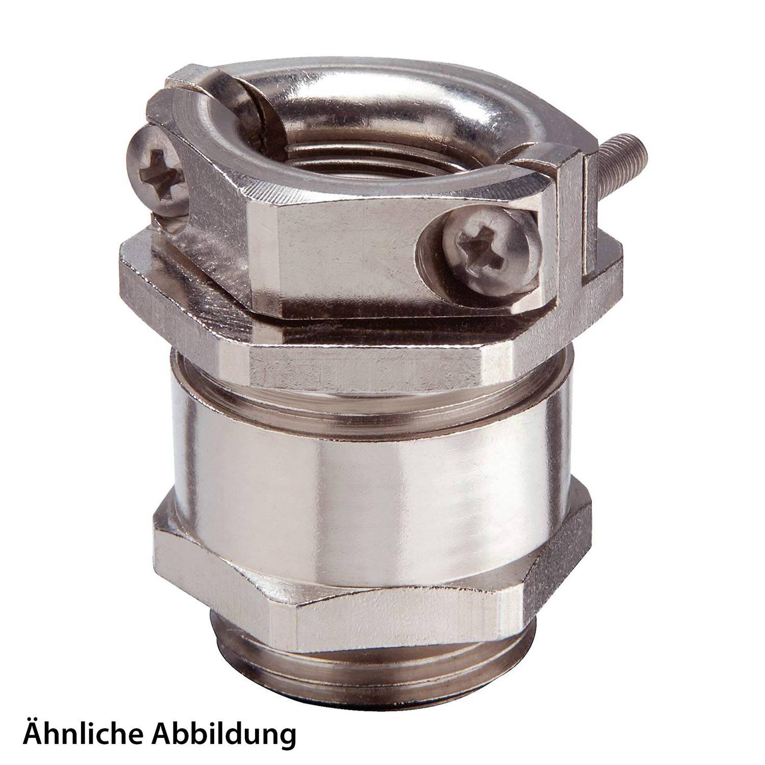Eine Metallkabelverschraubung mit glänzendem, robustem Design, ausgestattet mit sechseckigen Muttern und Schrauben, die zum Sichern von Kabeln in industriellen Umgebungen verwendet wird.