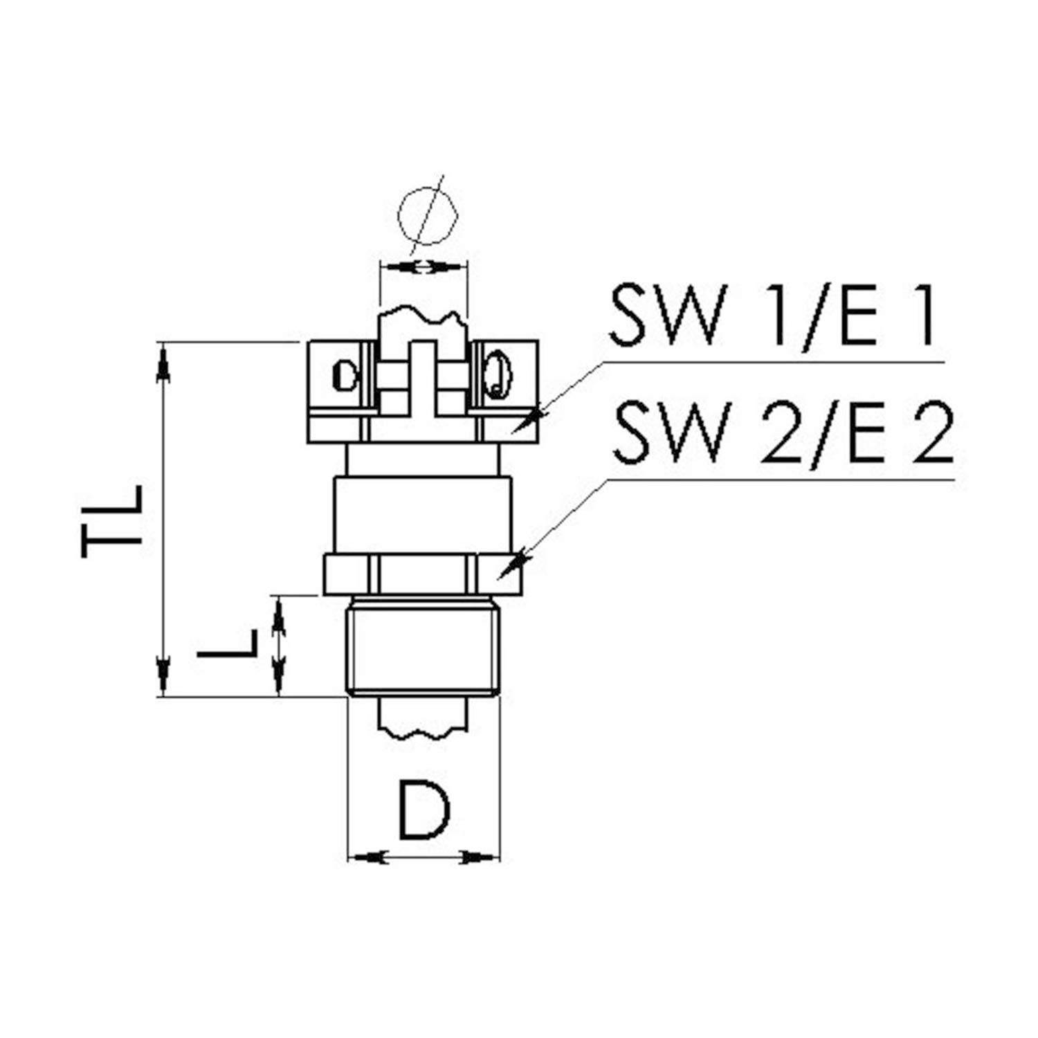 Technische Zeichnung einer Komponente mit beschrifteten Abmessungen TL, L und D. Merkmale gekennzeichnet als SW 1/E 1 und SW 2/E 2.