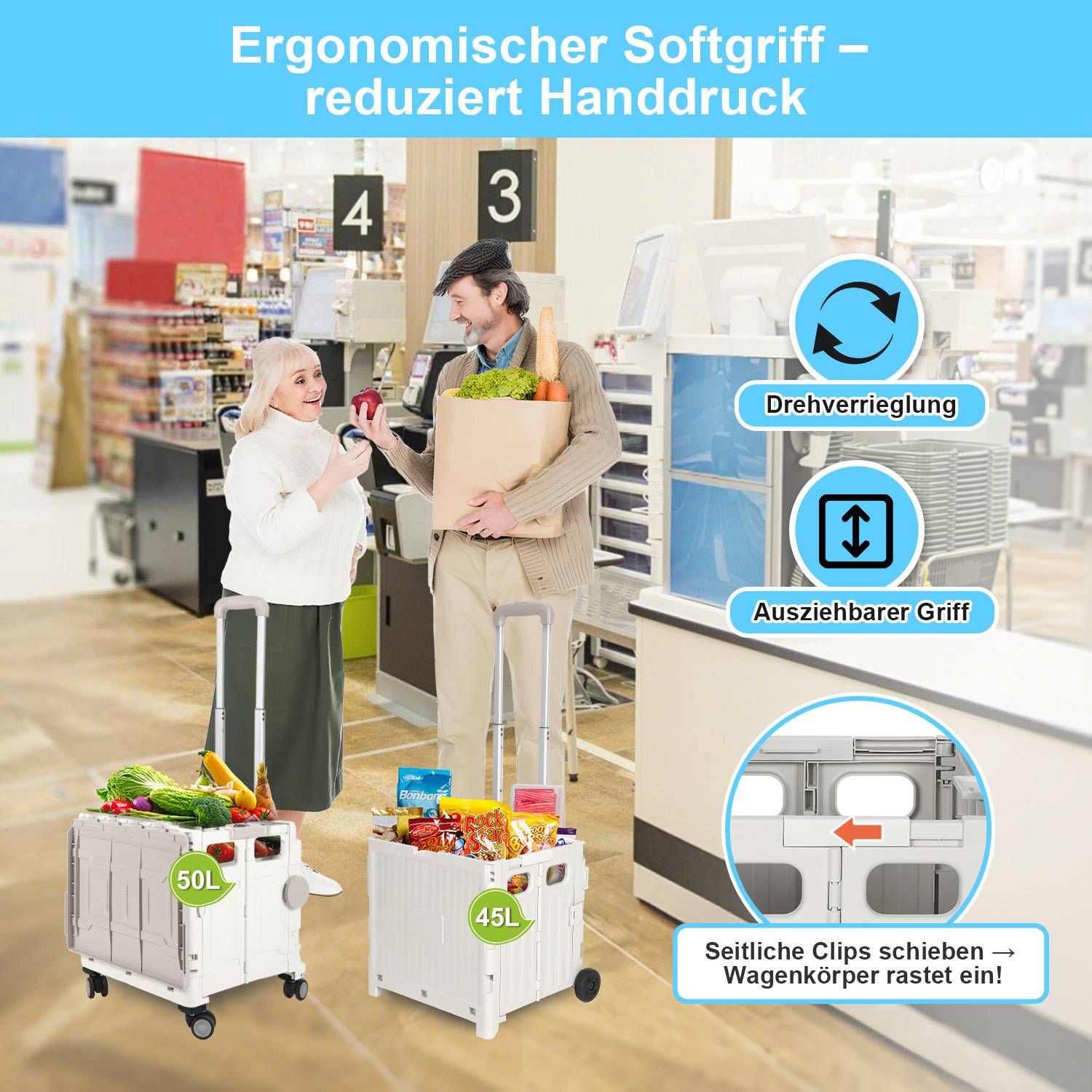 weiß Leichter Falt-Einkaufswagen, 40kg Tragkraft, dreistufig höhenverstellbar, abnehmbare & leise Räder, Bremse