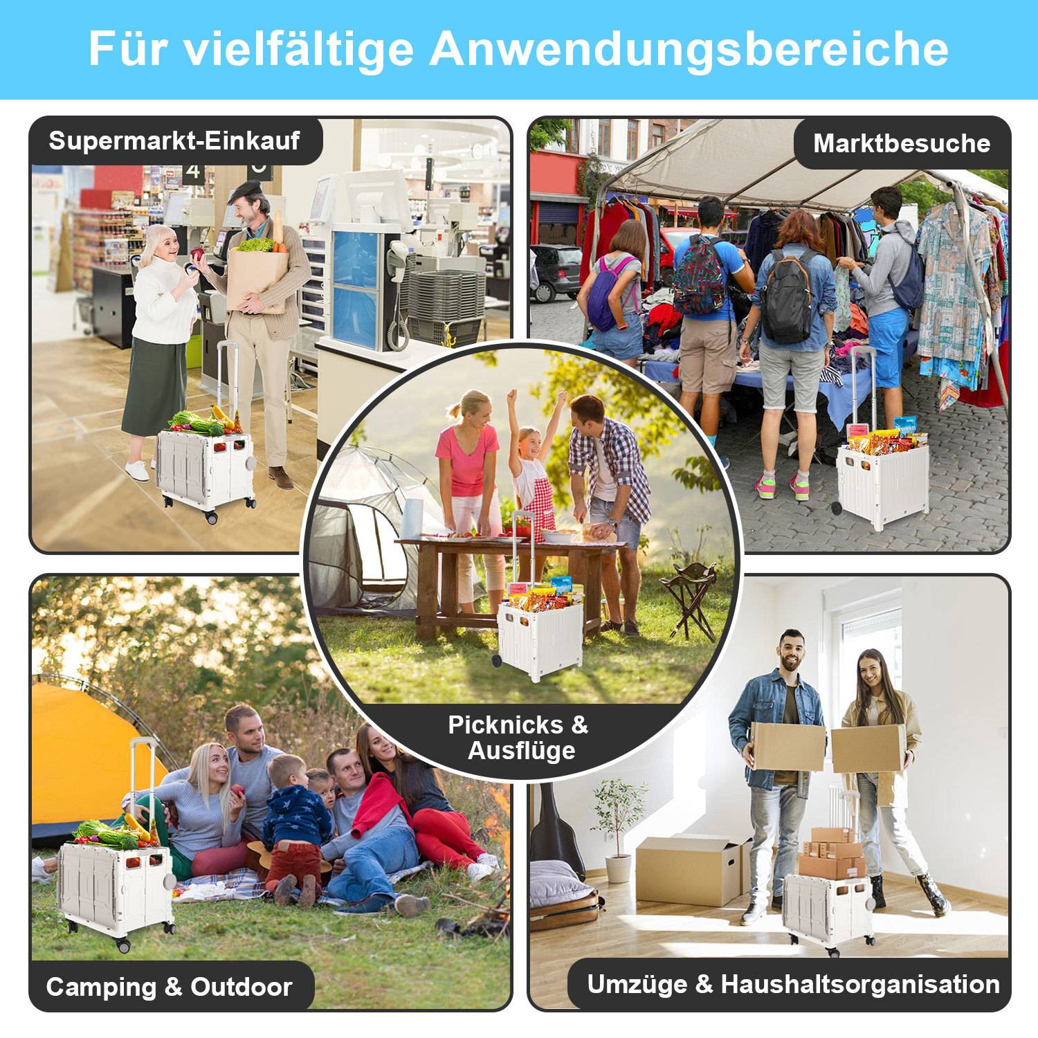 Einkaufstrolley Faltbarer bis 55KG mit Teleskopgriff & 360°-Schwenkrolle für Einkaufen Reisen Camping Weiß