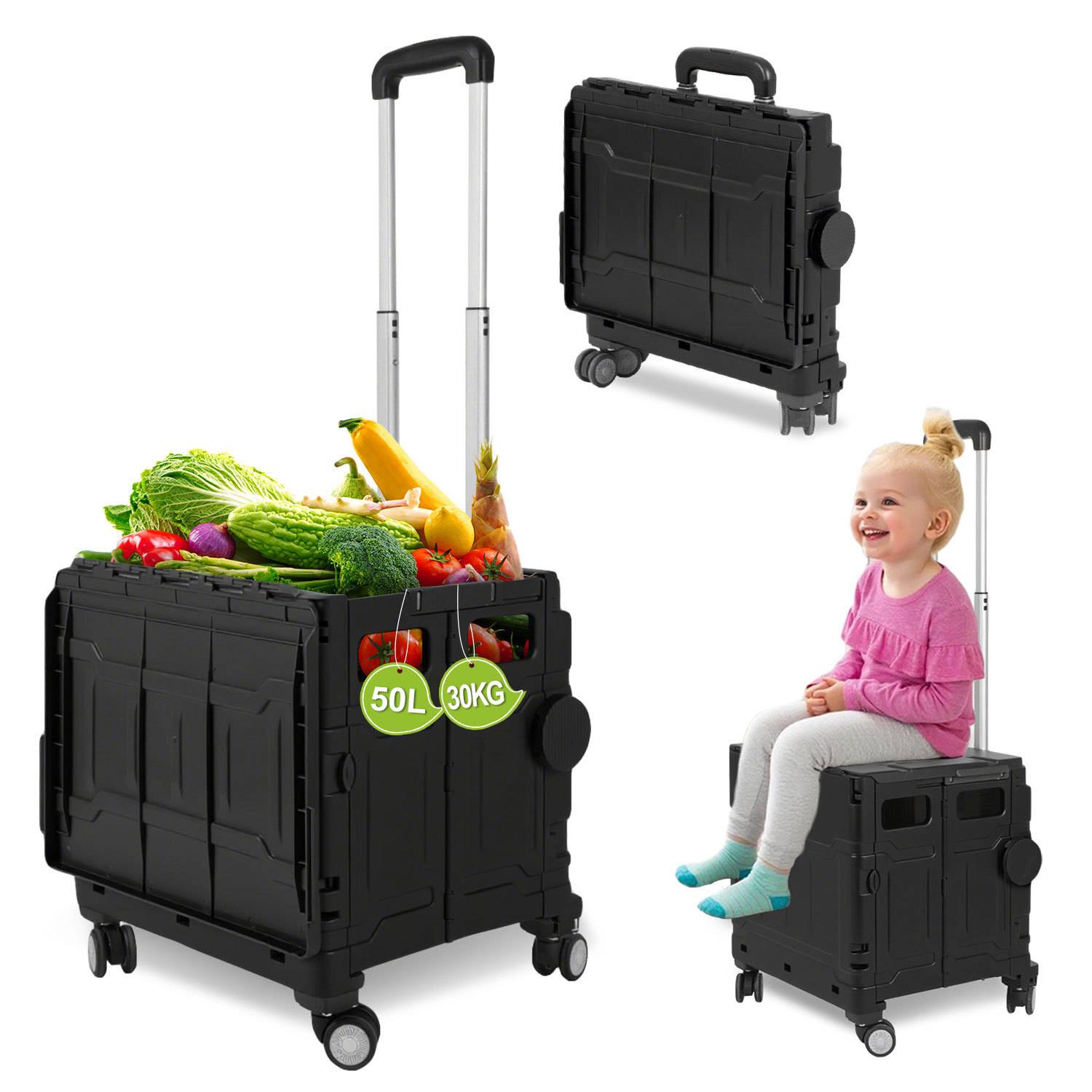 Einkaufstrolley Faltbarer bis 55KG mit Teleskopgriff & 360°-Schwenkrolle für Einkaufen Reisen Camping Schwarz