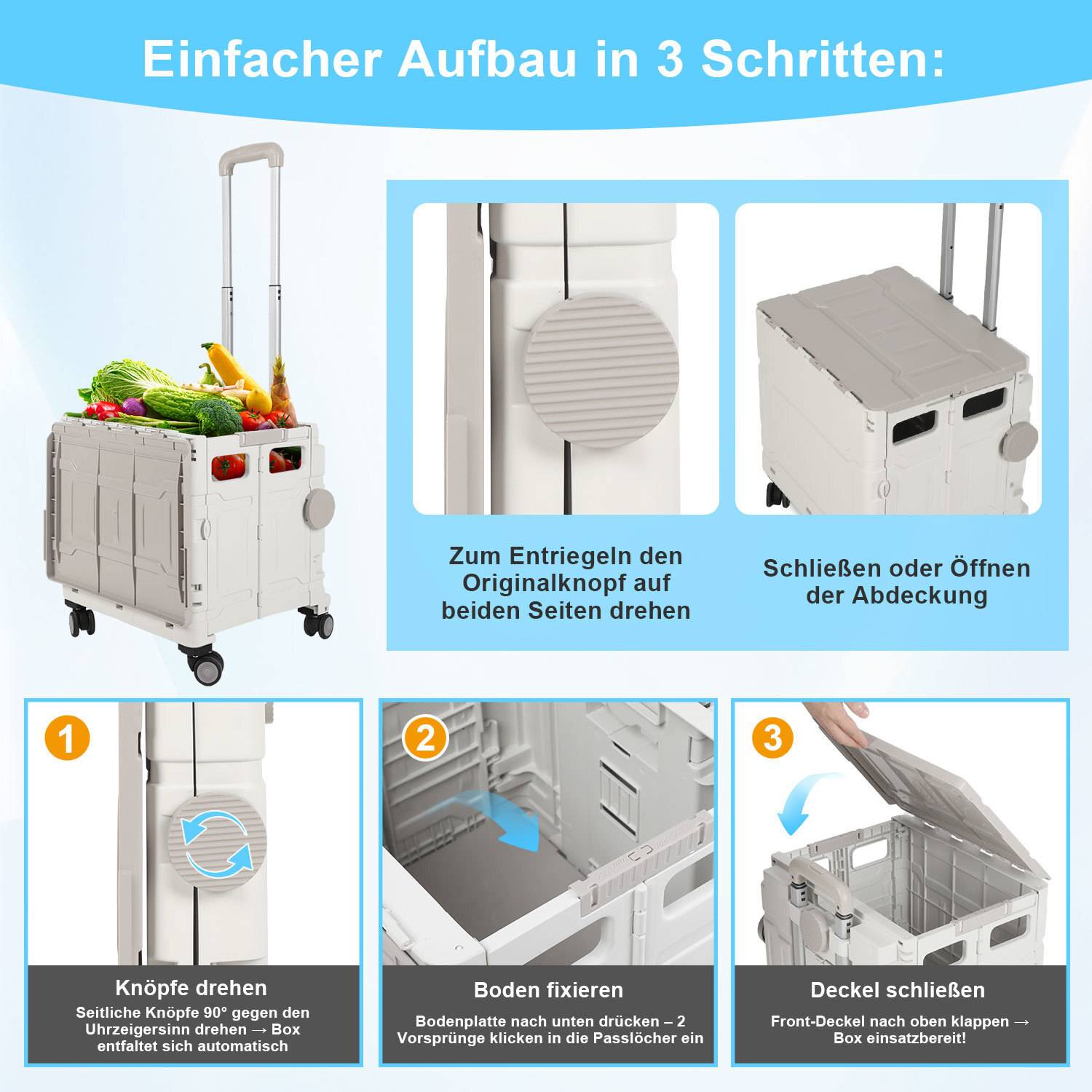 weiß Leichter Falt-Einkaufswagen, 55kg Tragkraft, dreistufig höhenverstellbar, abnehmbare & leise Räder, Bremse