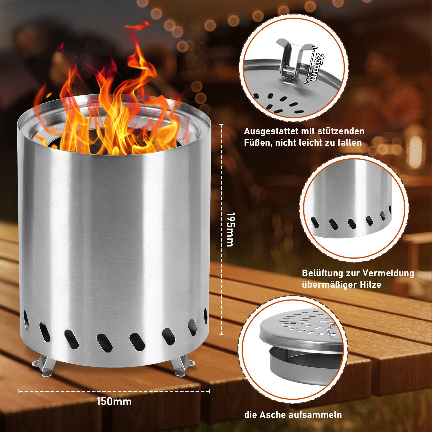 Rauchfreie Feuerschale Feuerkorb Tischkamin, Φ15x19.5cm,Farbe Silber,Perfekt für Garten und Outdoor