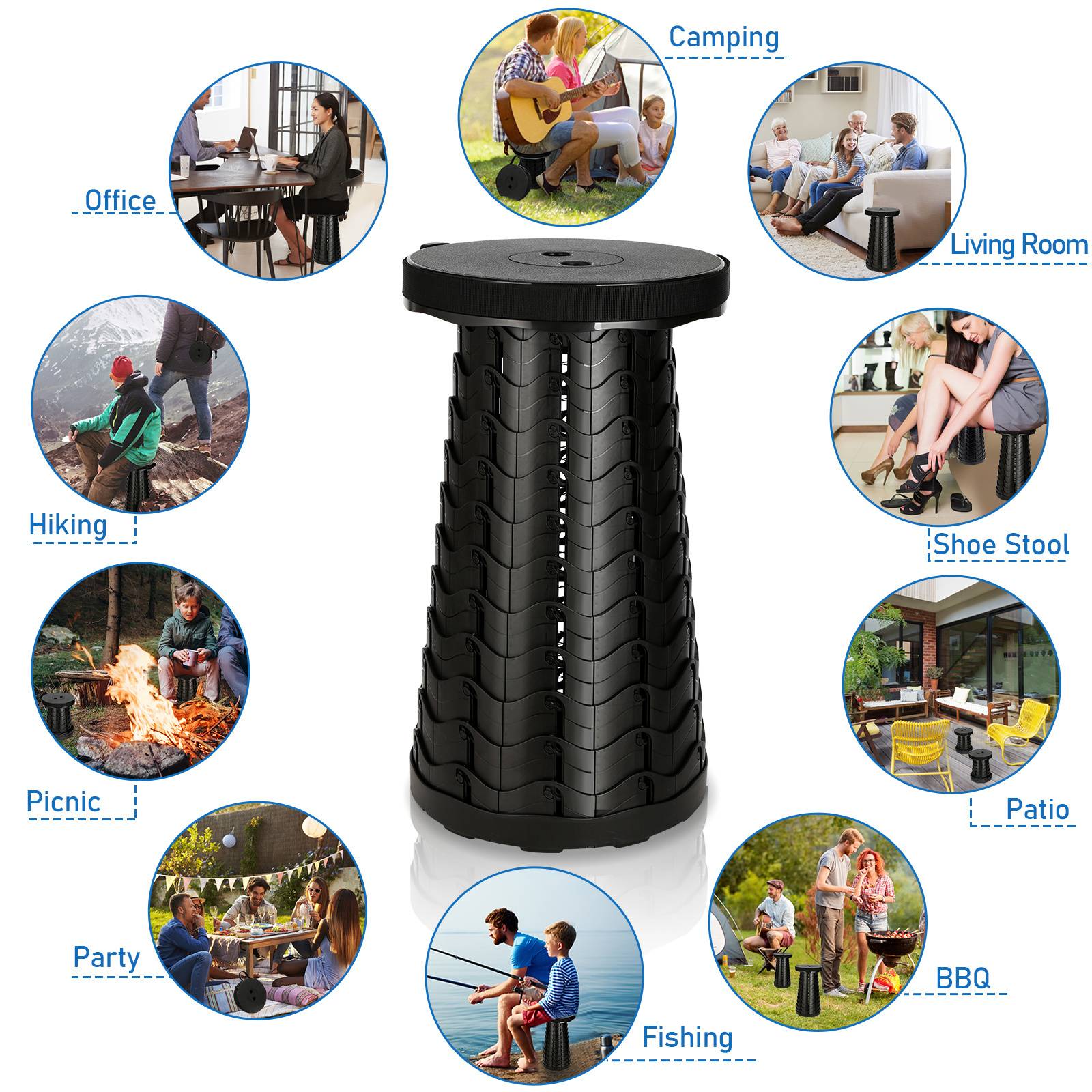 Tragbarer Klappstuhl Kompakt Leichte Teleskop,150kg Outdoor Klapphocker Tragbar,Schwarz