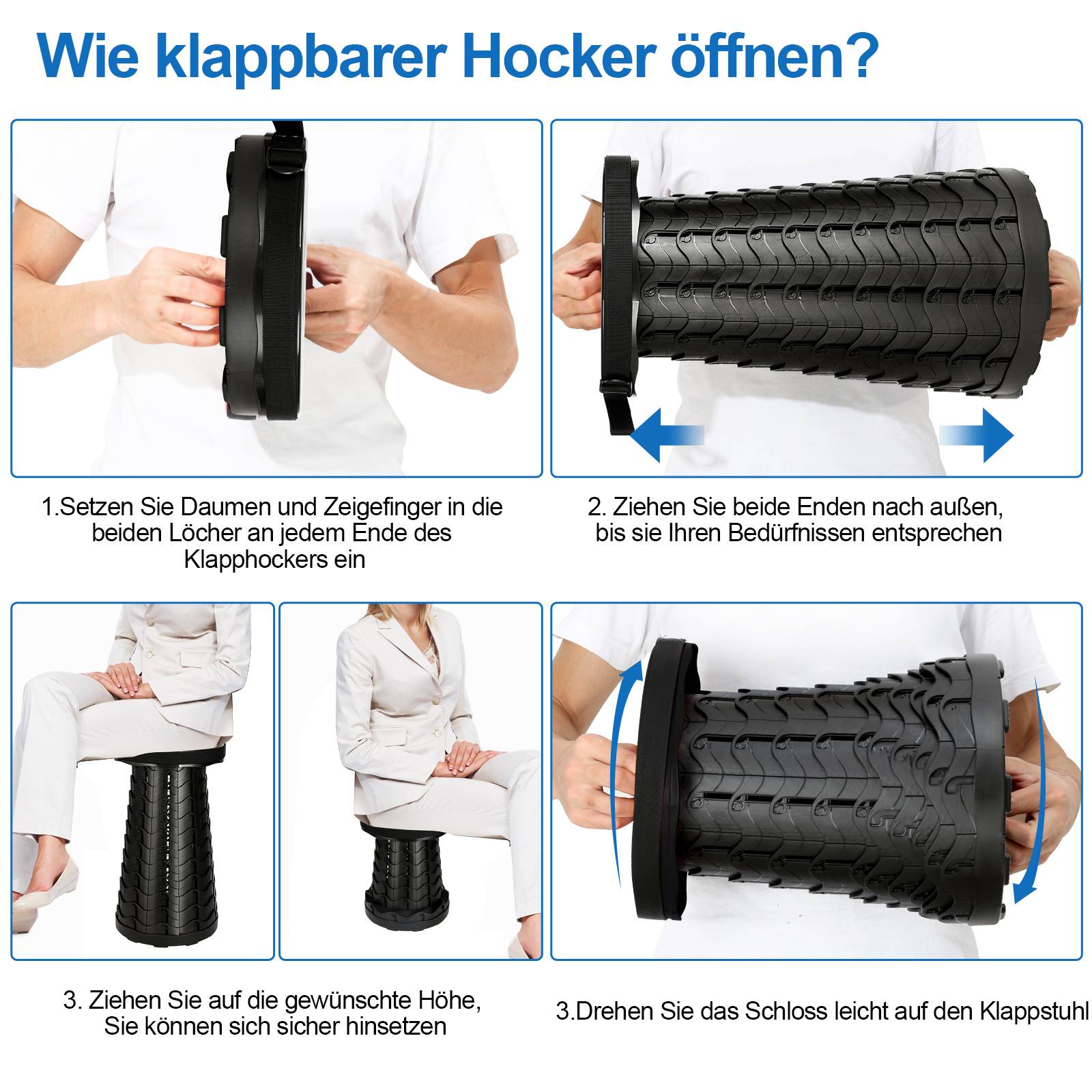 Tragbarer Klappstuhl Kompakt Leichte Teleskop,150kg Outdoor Klapphocker Tragbar,Schwarz