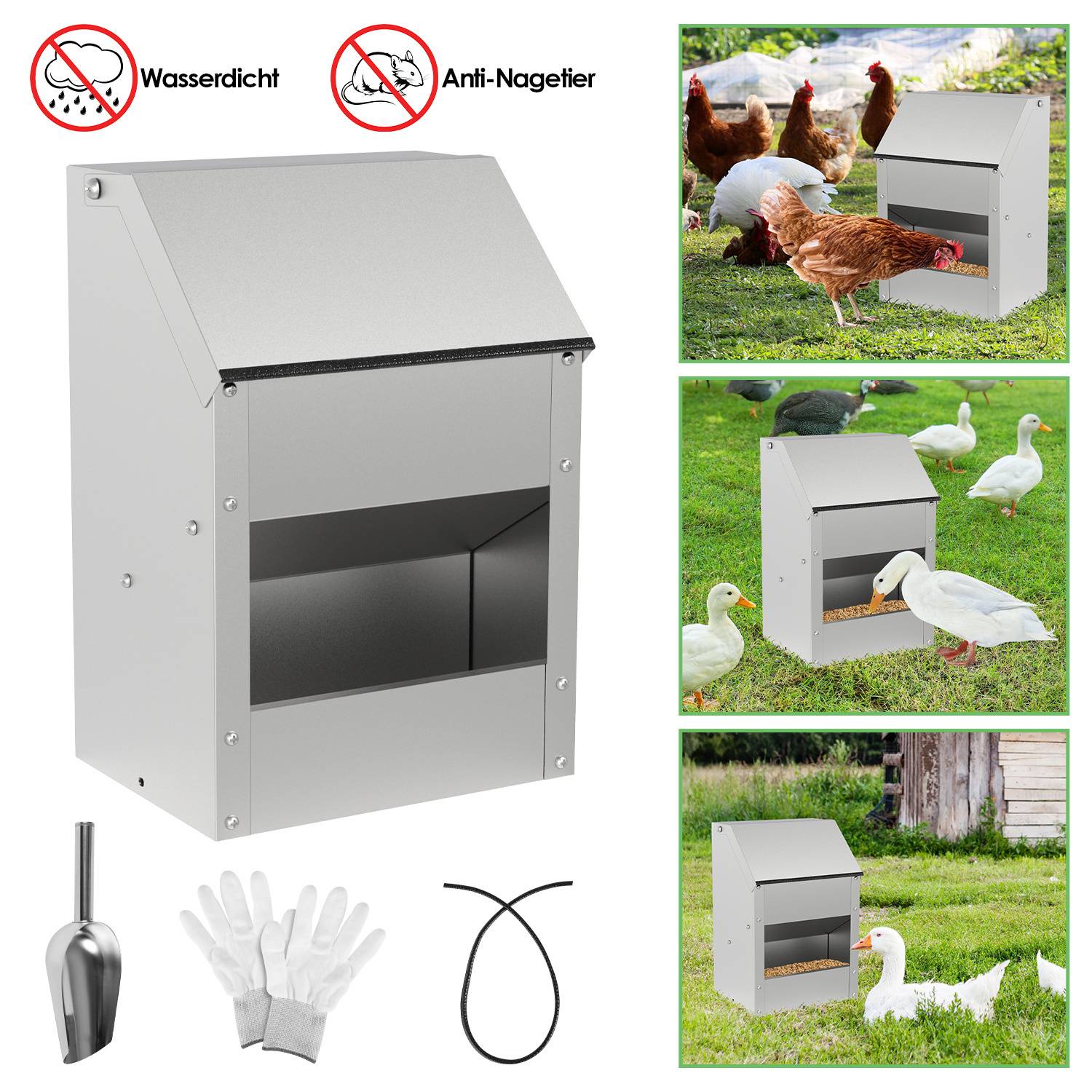 Futterautomat Hühner 5 KG mit Handschuhen & Löffel Feeder für Geflügel Hängend Hühner Automatischer