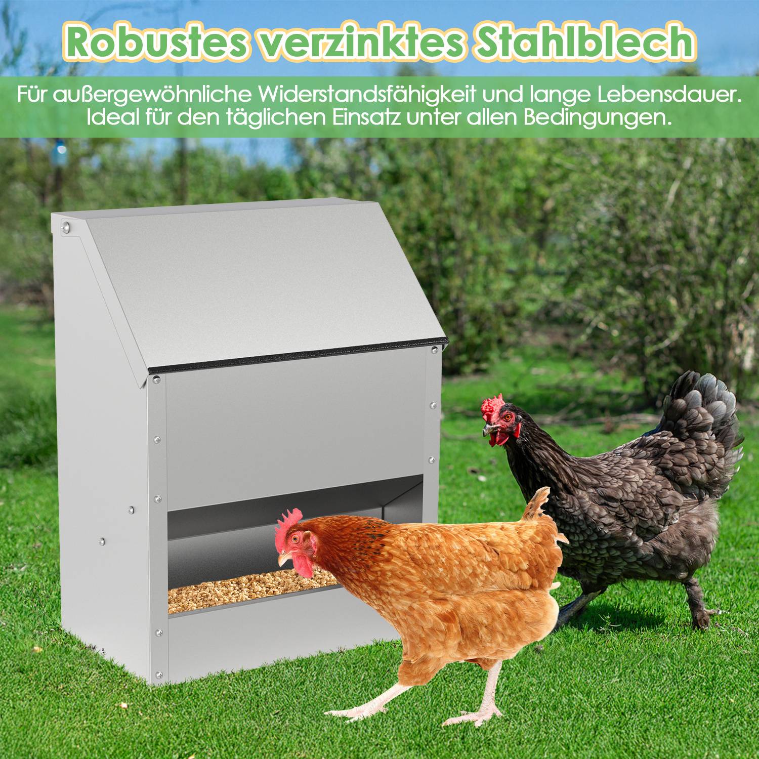 Futterautomat Hühner 15 KG mit Handschuhen & Löffel Feeder für Geflügel Hängend Hühner Automatischer