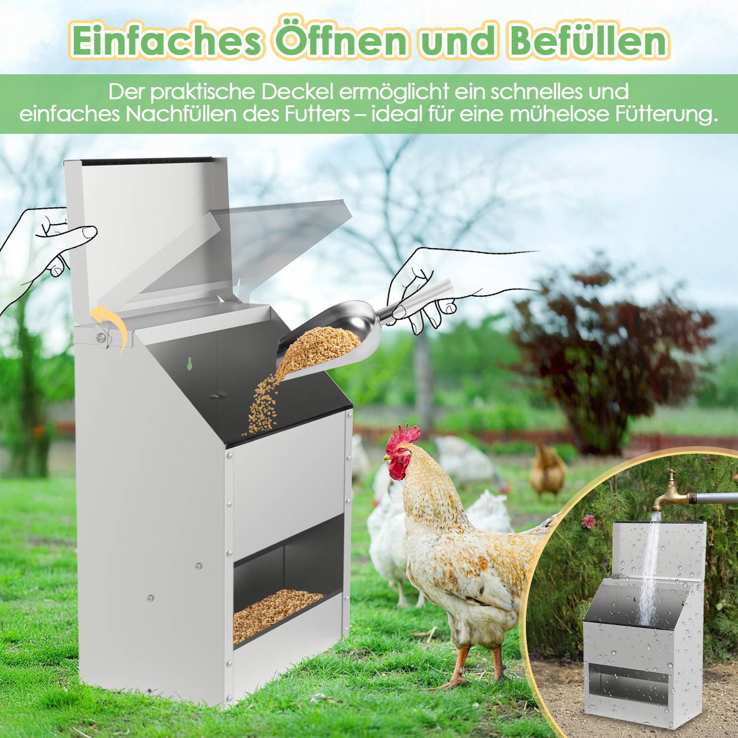Futterautomat Hühner 15 KG mit Handschuhen & Löffel Feeder für Geflügel Hängend Hühner Automatischer