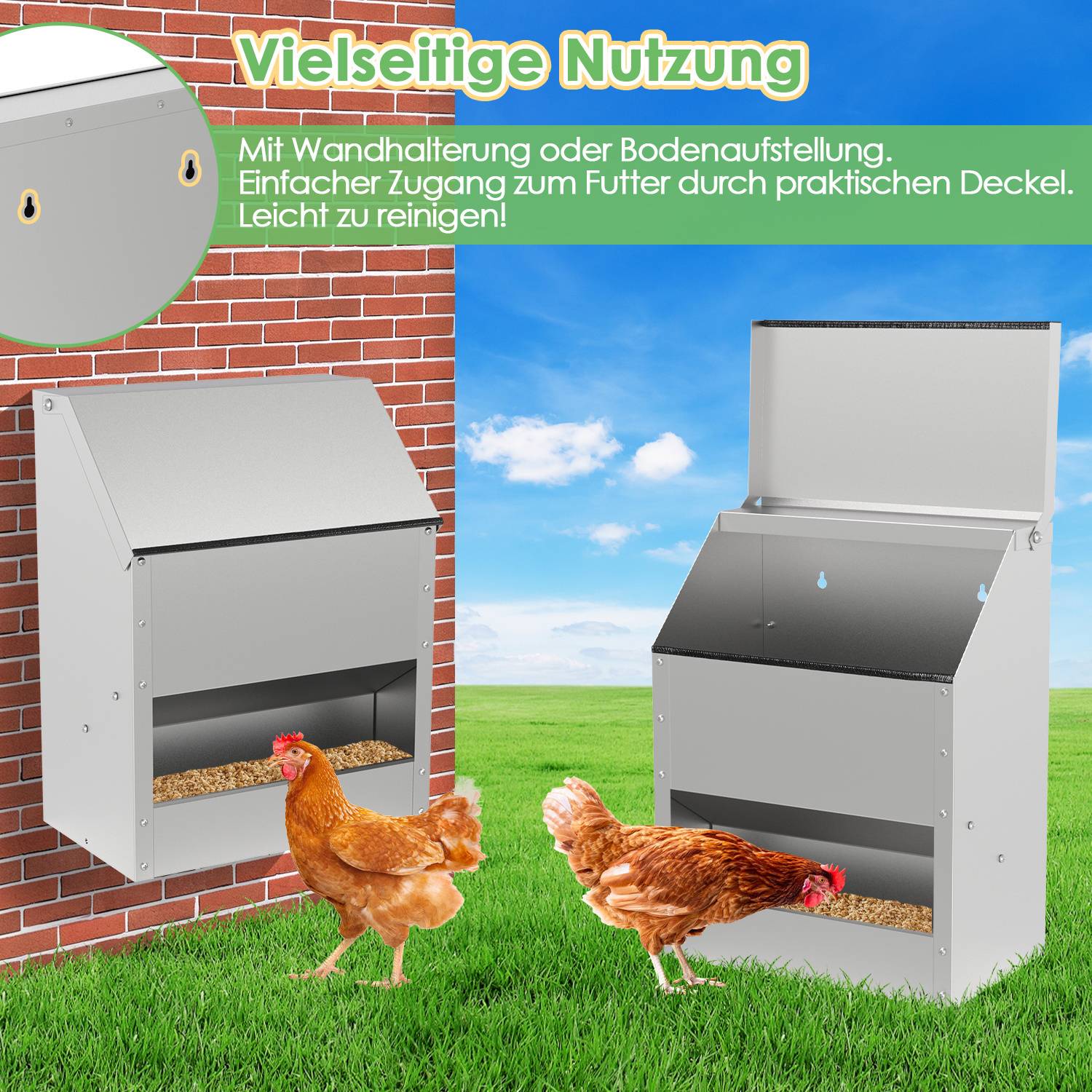 Futterautomat Hühner 15 KG mit Handschuhen & Löffel Feeder für Geflügel Hängend Hühner Automatischer