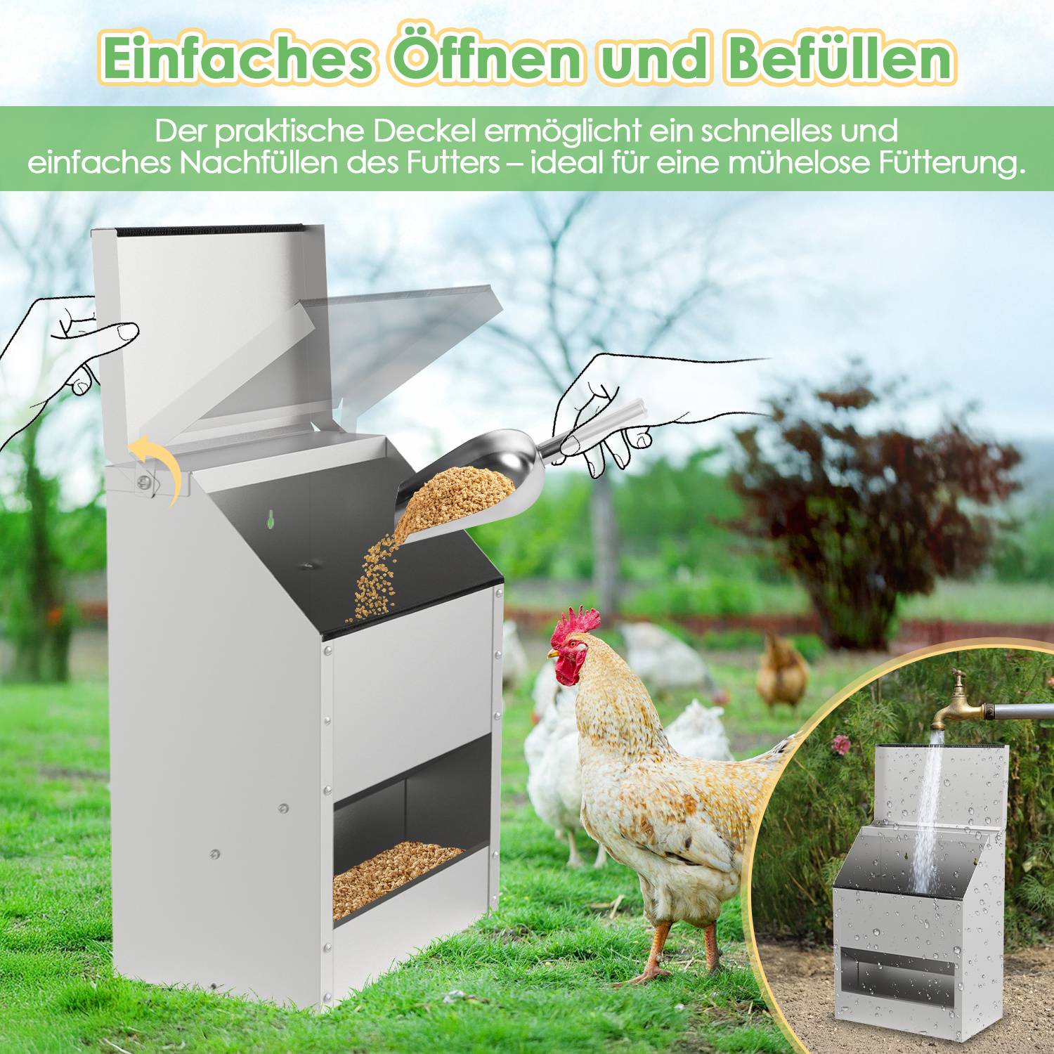 Illustration eines Hühnerfütterungsautomaten mit leicht zu öffnendem Deckel, der mit Getreide gefüllt wird; deutscher Text bewirbt einfaches Nachfüllen zur Geflügelfütterung.