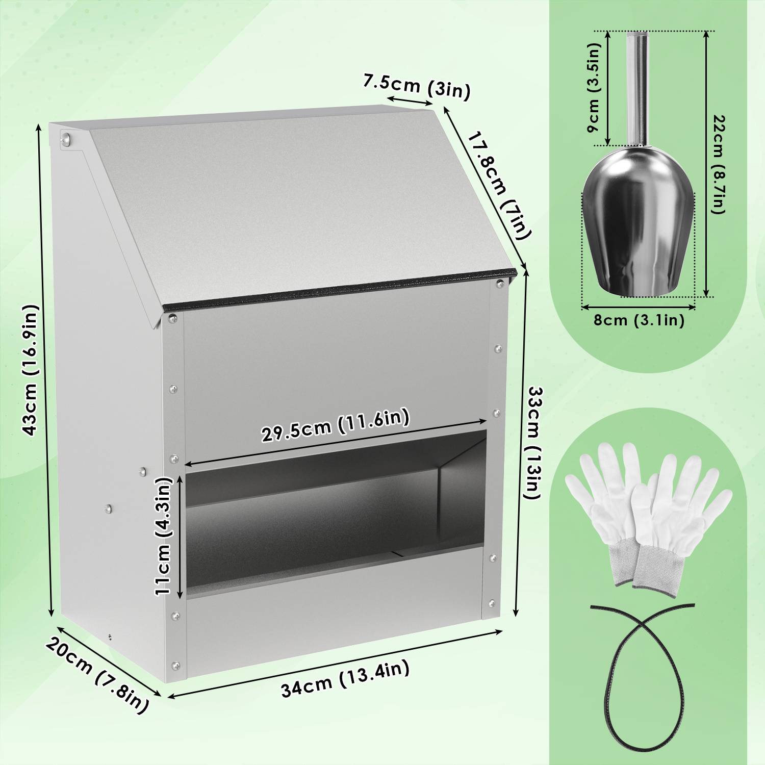 Futterautomat Hühner 15 KG mit Handschuhen & Löffel Feeder für Geflügel Hängend Hühner Automatischer