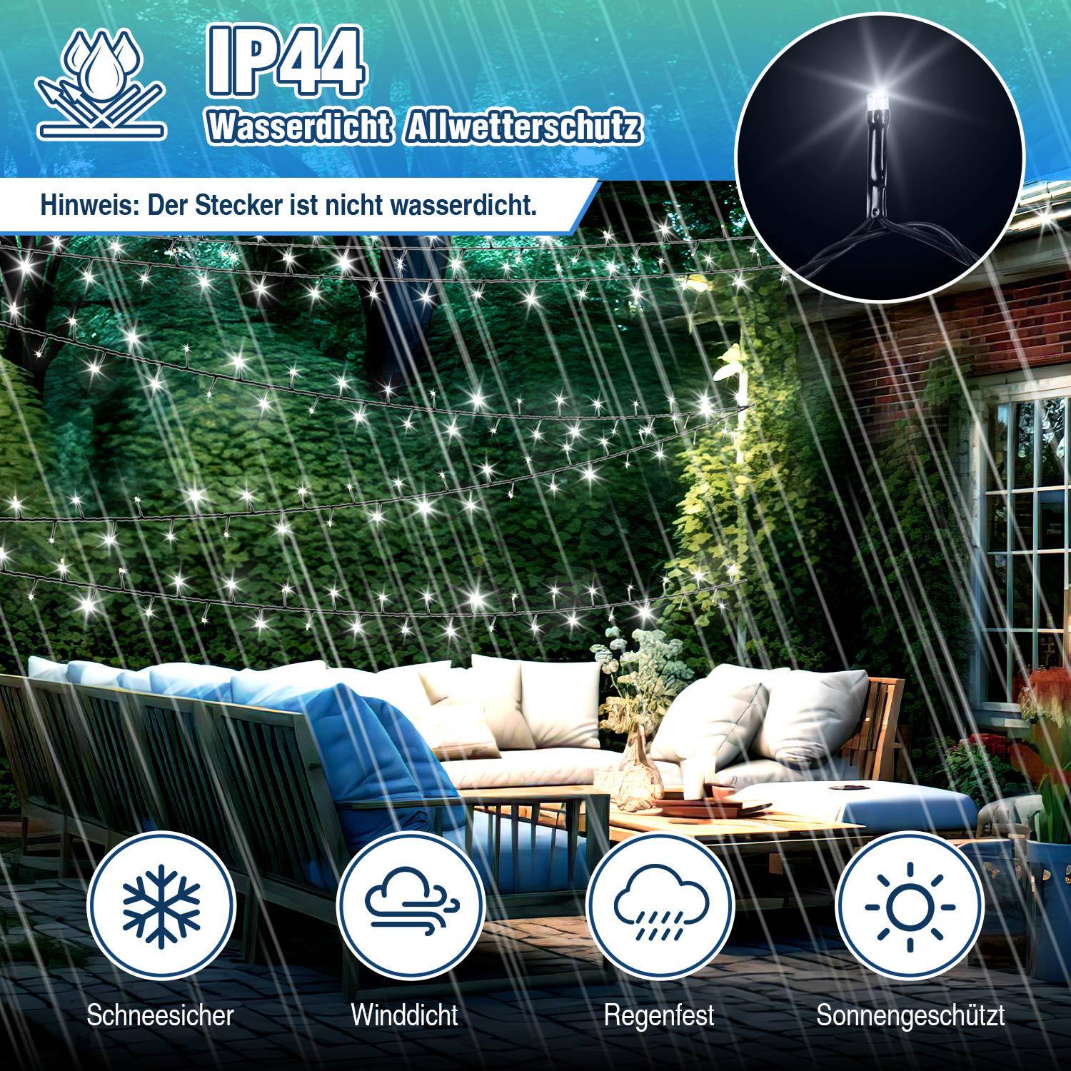 LED Lichterkette 10M 100LEDs IP44 mit 8 Modi für Innen & Außen Weihnachten Party Garten Bedienung Funkelnder Sterneffekt Deko Kaltweiß
