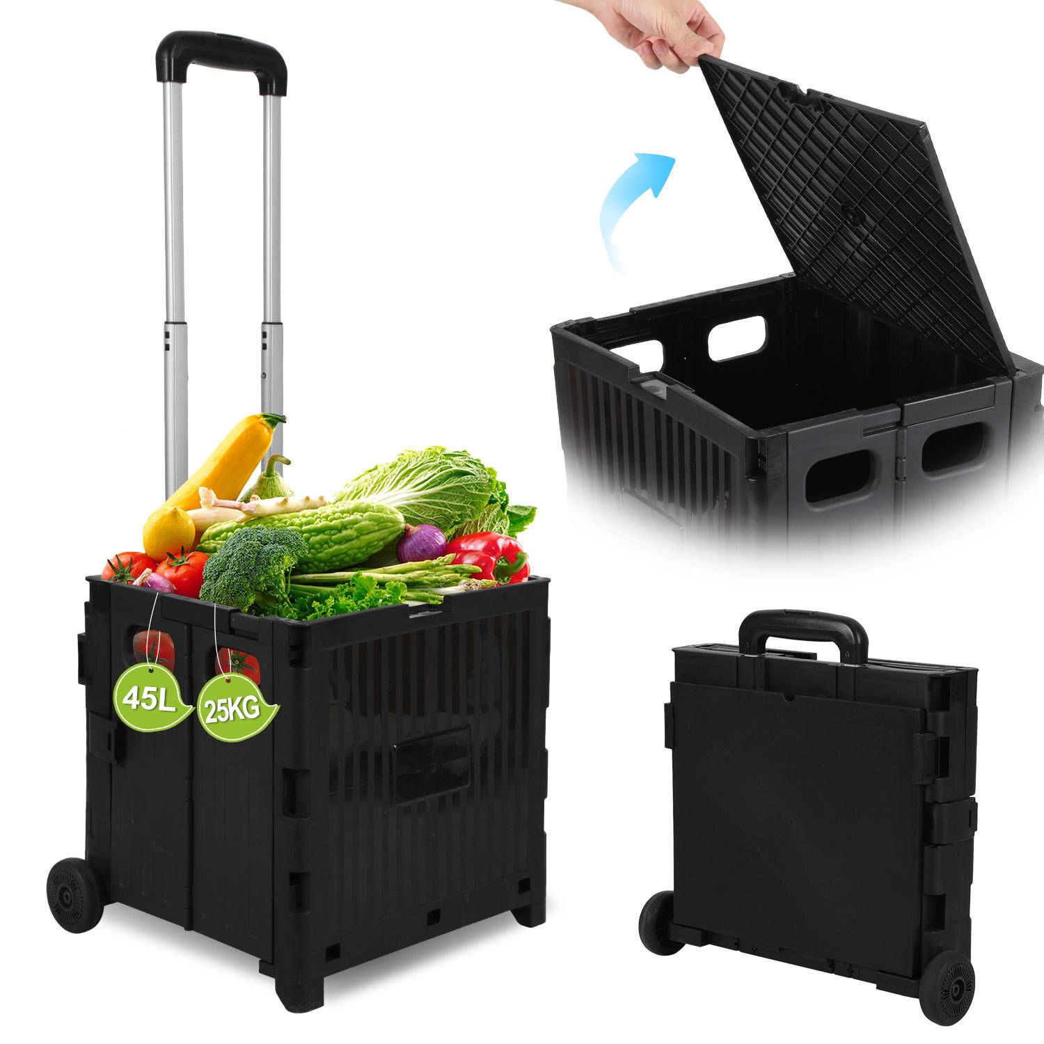 Einkaufstrolley klappbar mit 2 Rädern 45L Transportwagen, überdachter Warenkorb bis 40 kg Schwarz