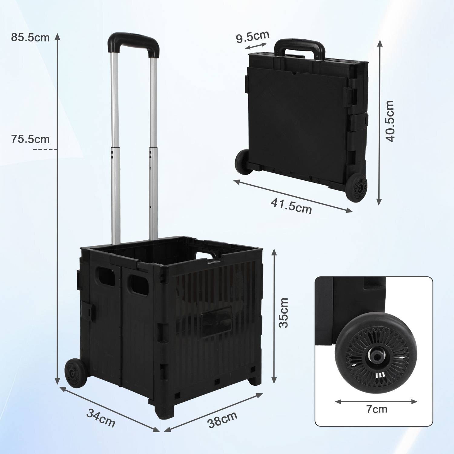 Schwarz Leichter Falt-Einkaufswagen, 40kg Tragkraft, dreistufig höhenverstellbar, abnehmbare & leise Räder, Bremse