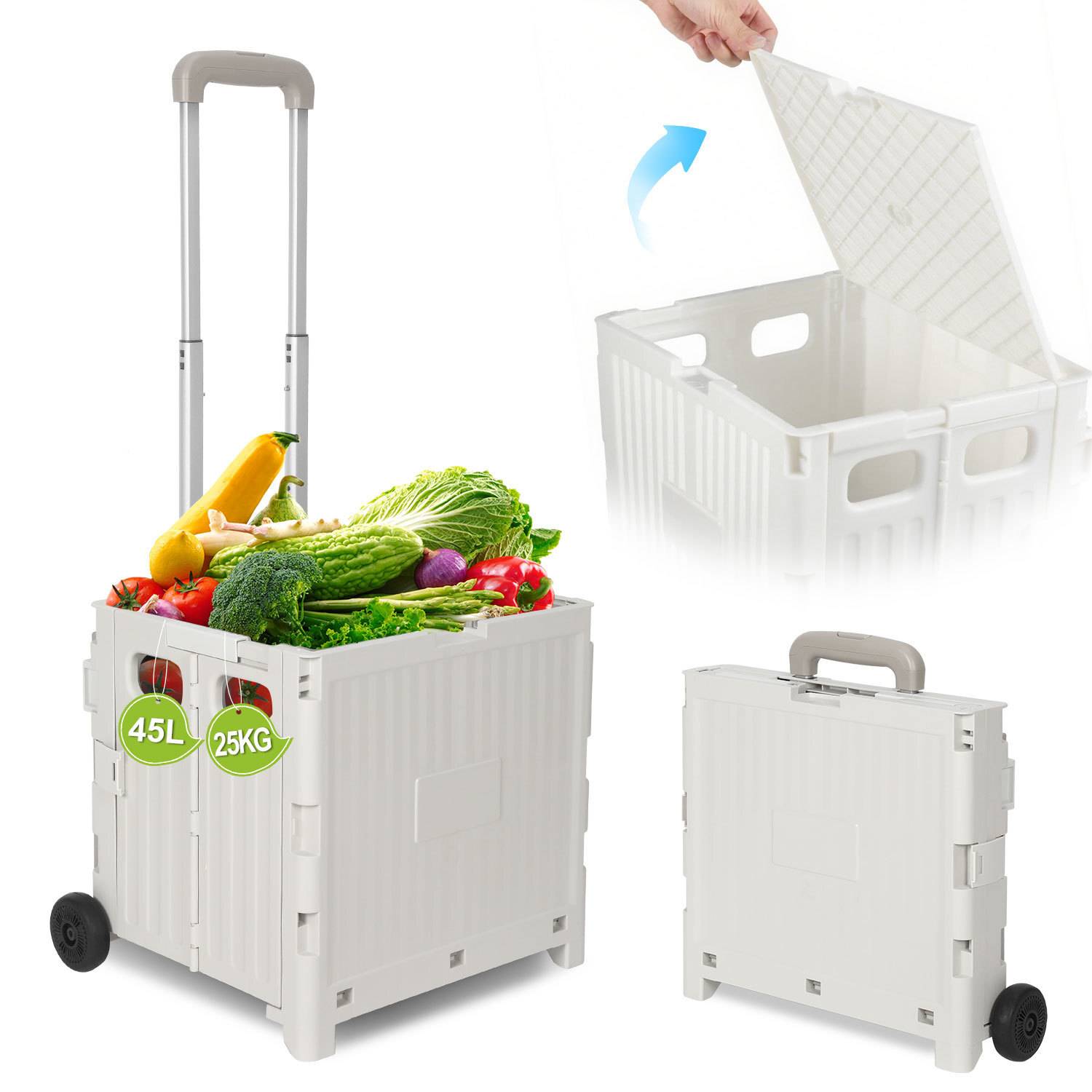 Einkaufstrolley klappbar mit 2 Rädern 45L Transportwagen, überdachter Warenkorb bis 40 kg Weiß