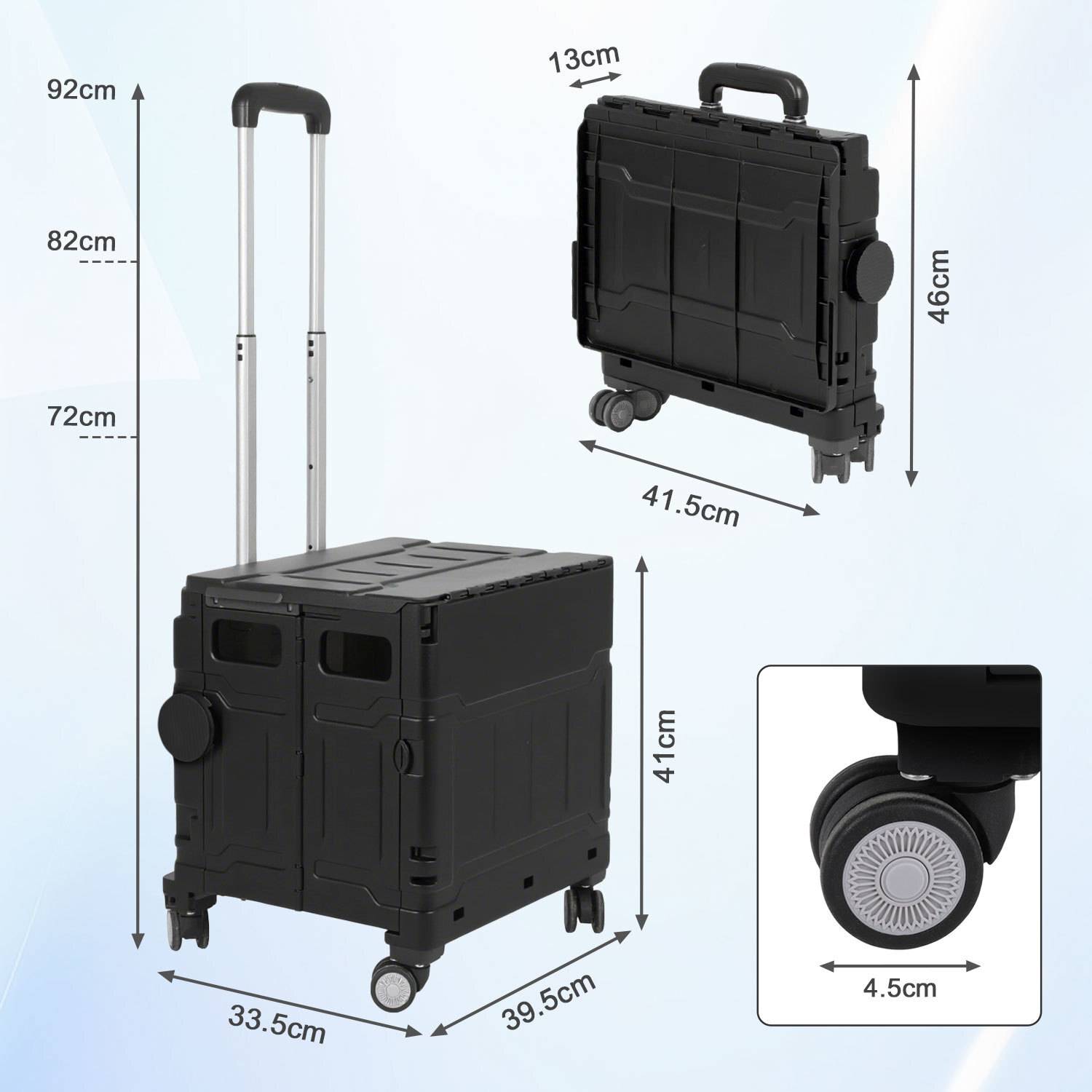 Schwarz Leichter Falt-Einkaufswagen, 55kg Tragkraft, dreistufig höhenverstellbar, abnehmbare & leise Räder, Bremse