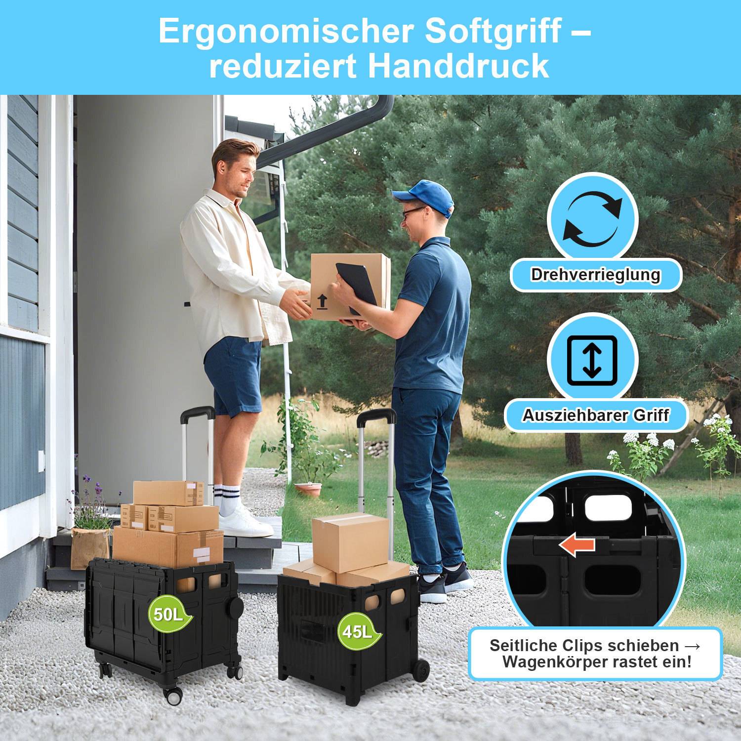 Einkaufstrolley Faltbarer bis 55KG mit Teleskopgriff & 360°-Schwenkrolle für Einkaufen Reisen Camping Schwarz