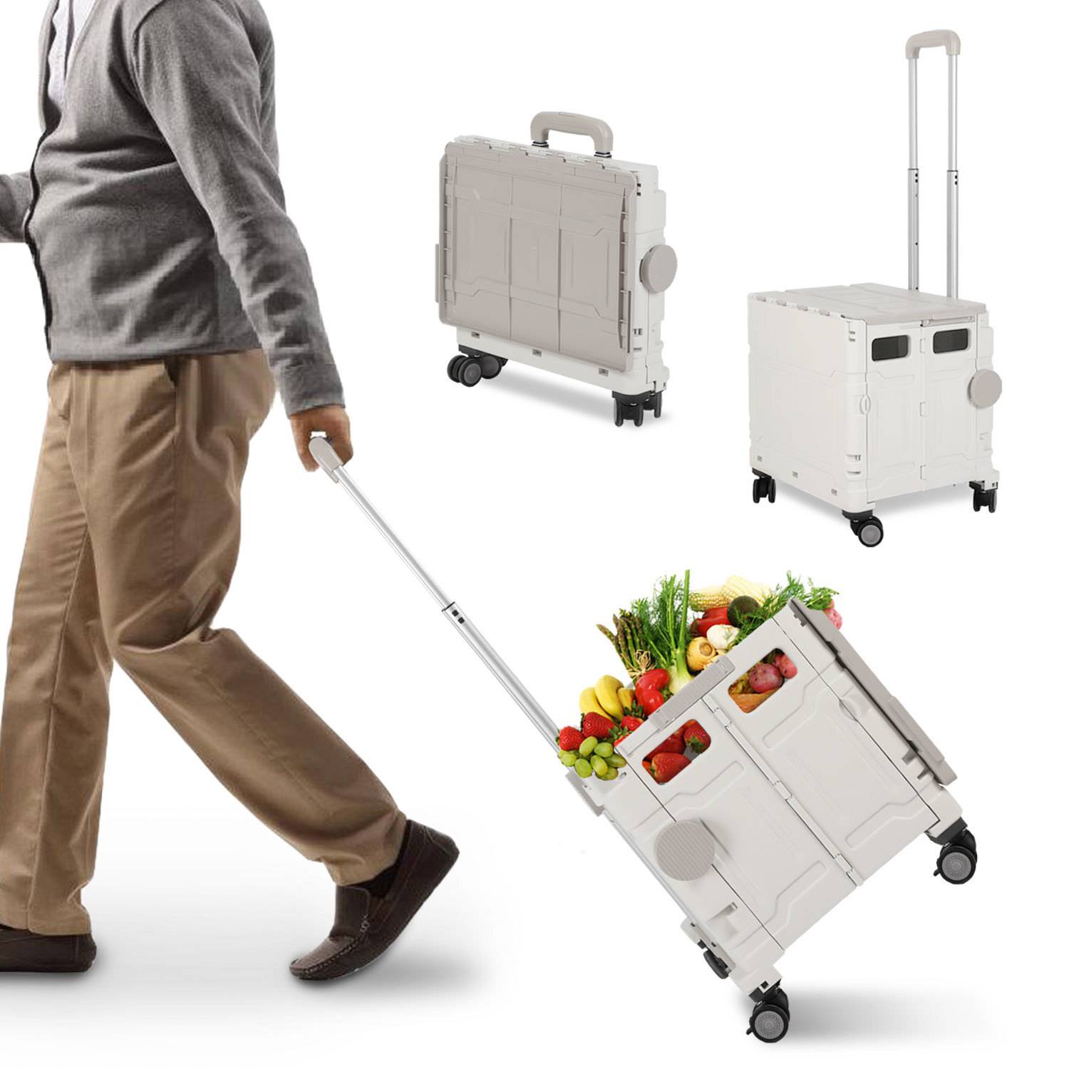 Einkaufstrolley Faltbarer bis 55KG mit Teleskopgriff & 360°-Schwenkrolle für Einkaufen Reisen Camping Weiß